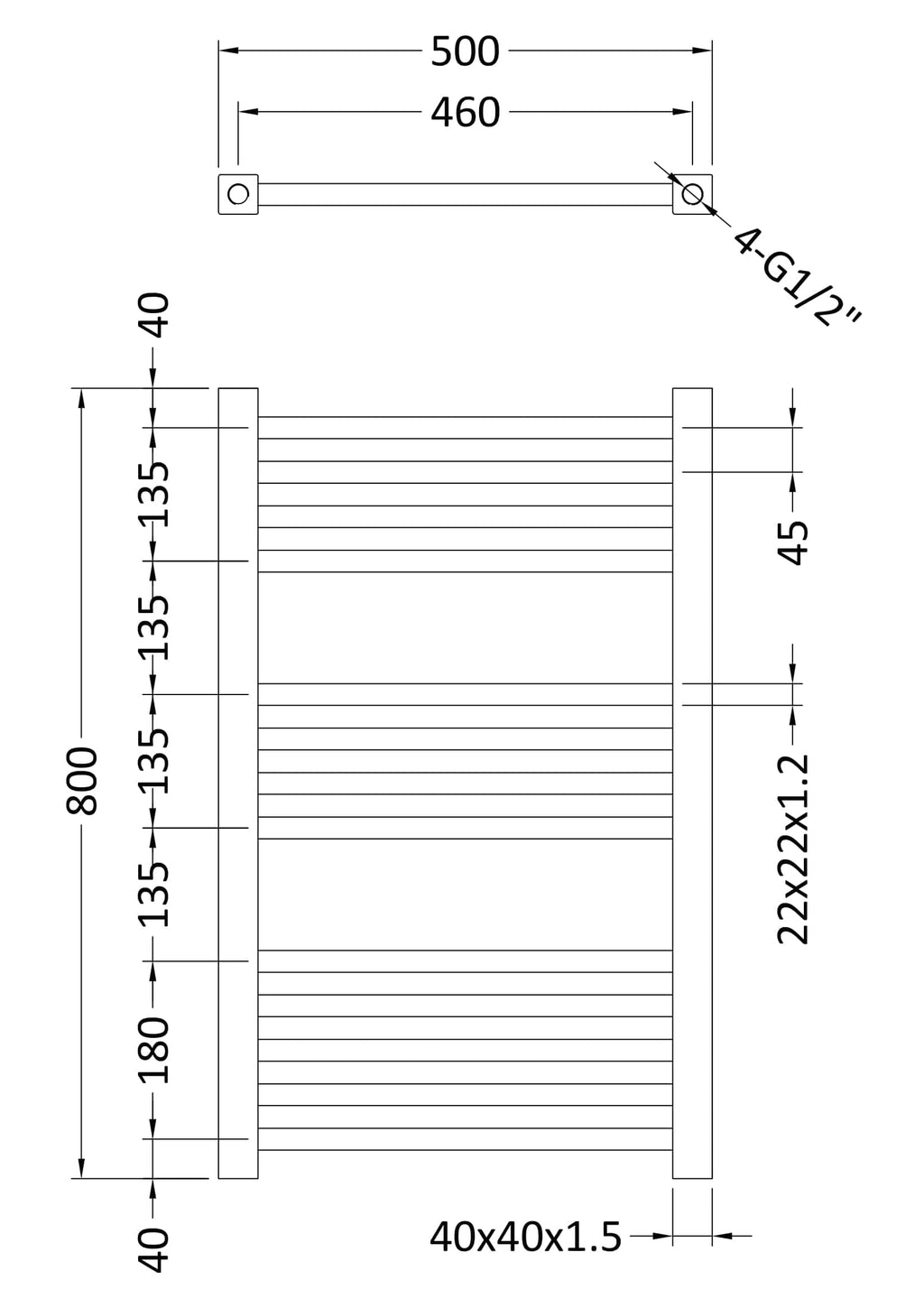 High-quality bathroom radiator design from Bubly Bathrooms, featuring detailed technical specifications for optimal heating and modern bathroom aesthetics.