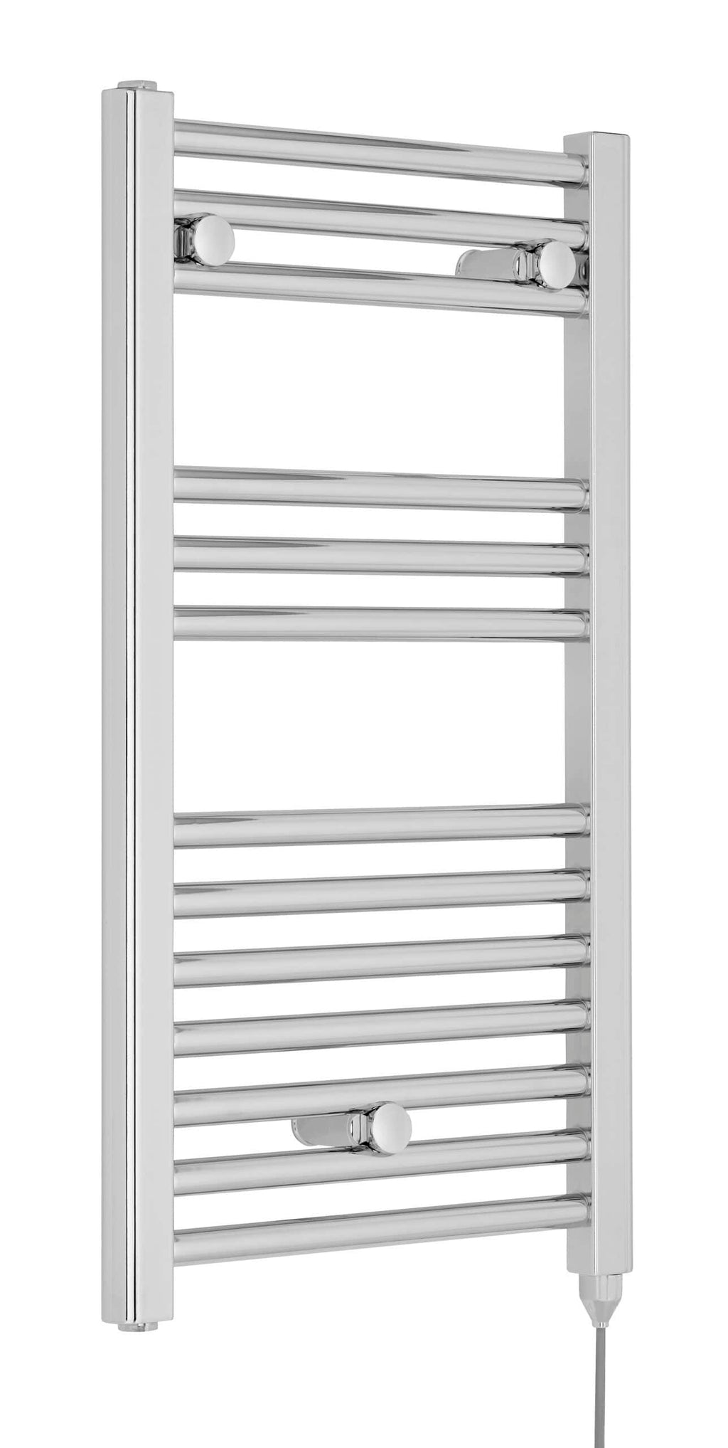 Polished chrome ladder towel rail radiator in modern bathroom setting.