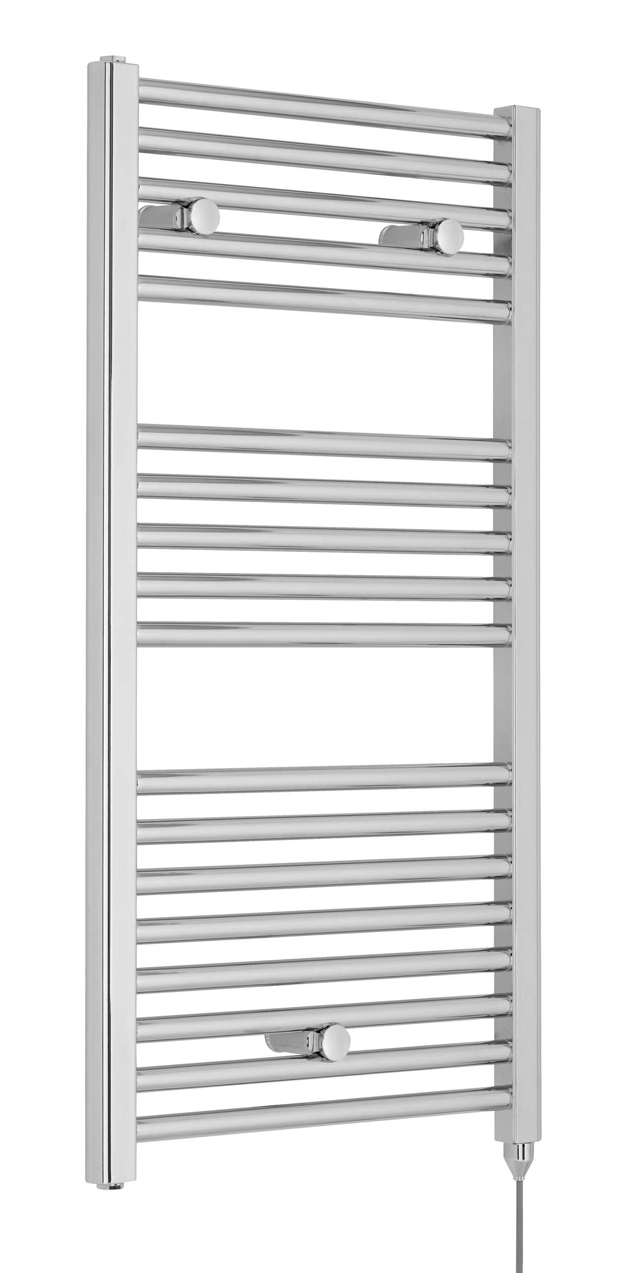 Shiny chrome towel radiator with multiple horizontal bars, perfect for bathroom heating and drying towels. Stylish and functional bathroom towel warmer from Bubly Bathrooms.