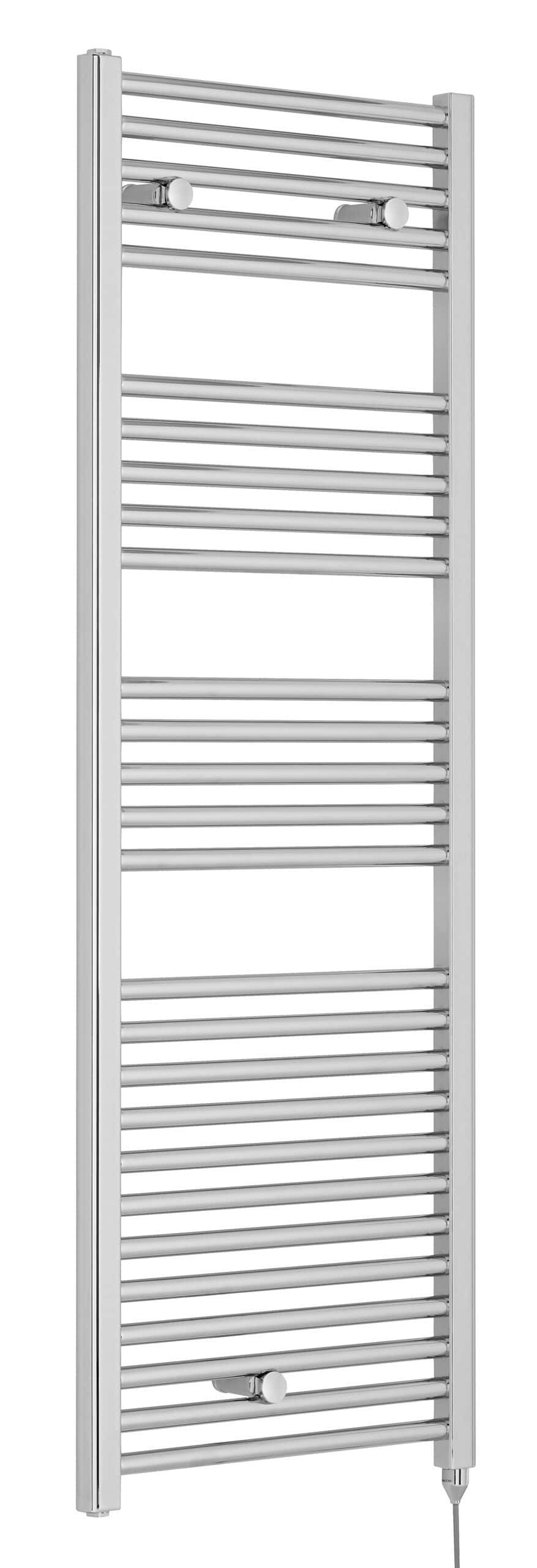 Vertical chrome towel radiator with multiple heated bars for contemporary bathroom heating and drying.