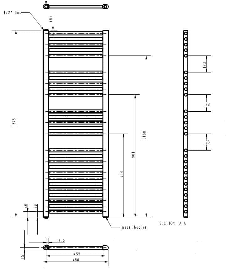 High-quality heated towel rail radiator diagram with detailed measurements for bathroom installation, showcasing modern bathroom radiator design and functional heating solutions.