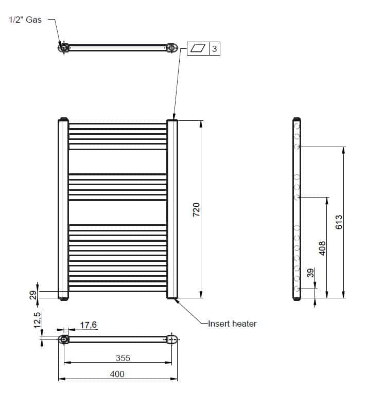 Chrome bathroom radiator with inset heater, modern design, durable steel construction, and perfect for space-saving heating solutions. Ideal for contemporary bathrooms.