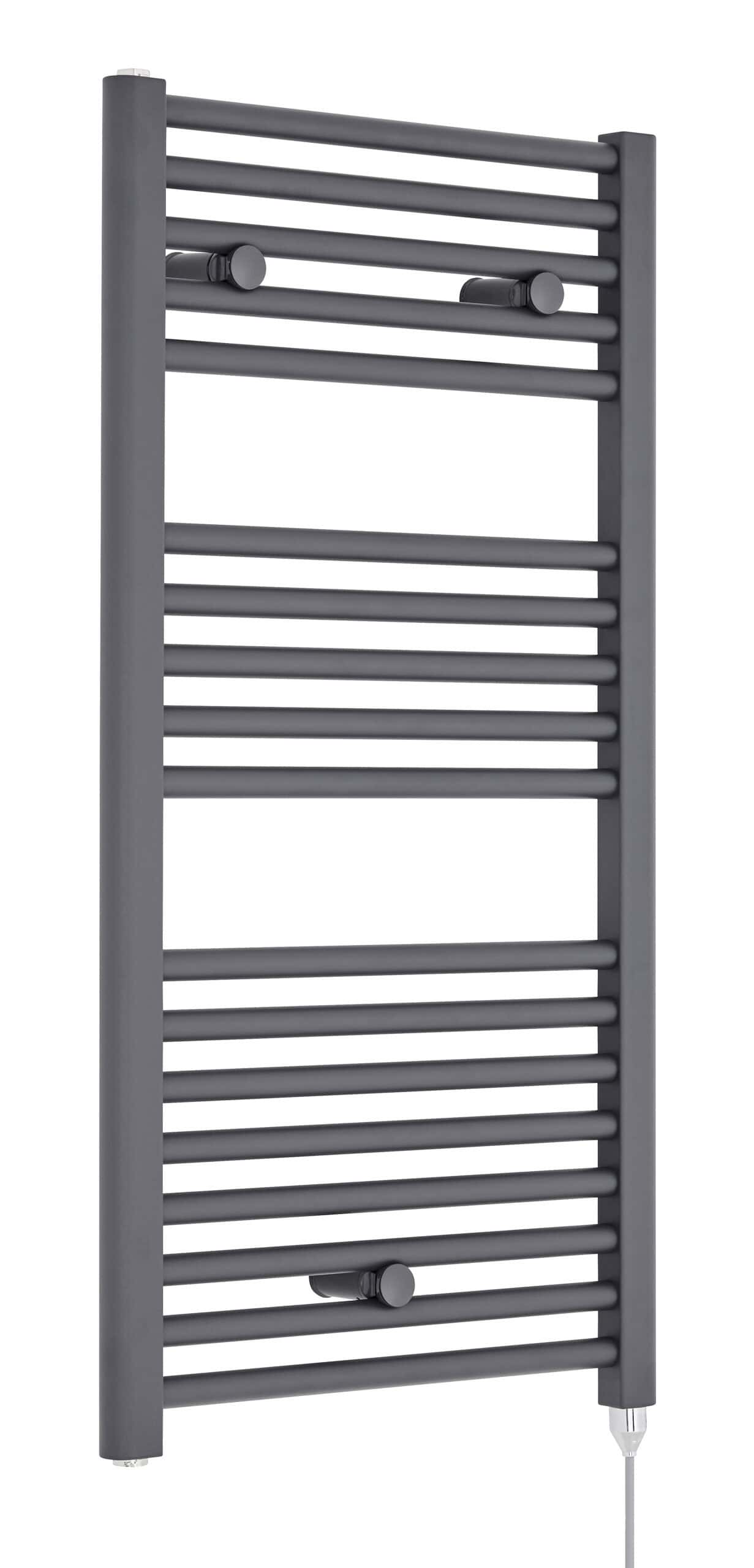 Matching towel radiator, modern grey heated towel rail for bathroom or kitchen, energy-efficient heating solution, wall-mounted design, suitable for contemporary bathroom decor.