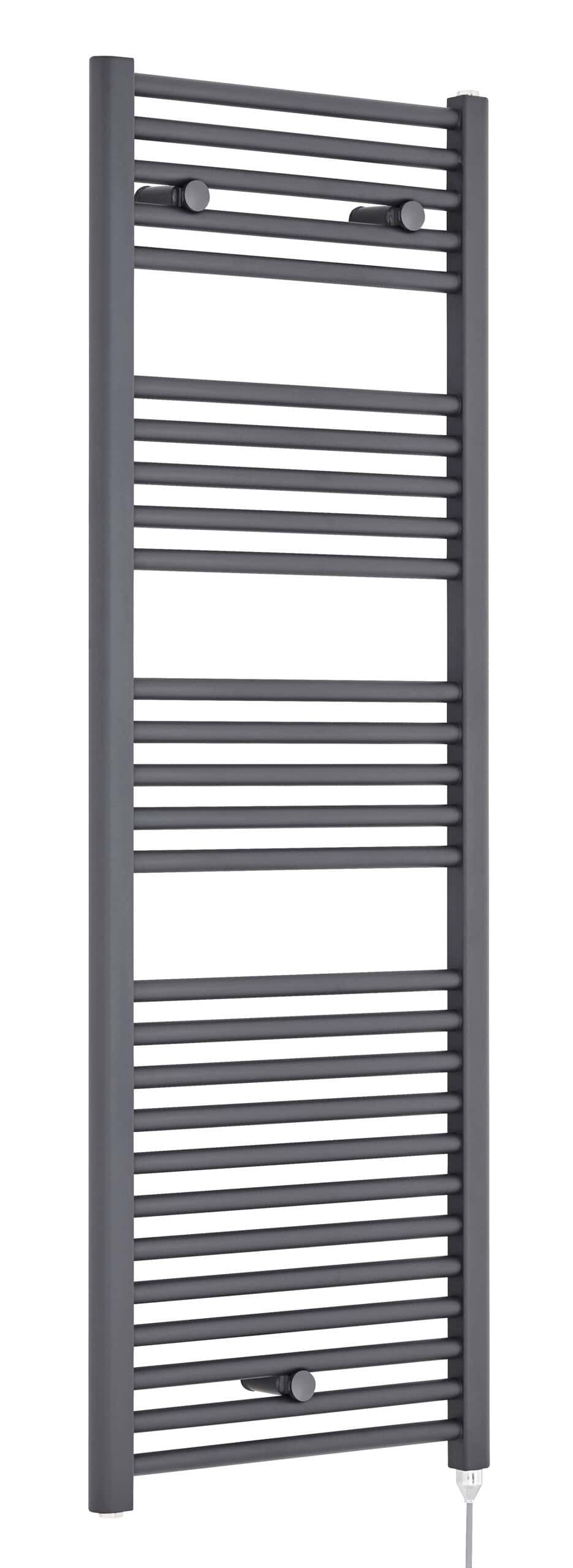 Vertical modern towel radiator in dark grey, perfect for bathrooms with contemporary design. Easy to install and heats efficiently. Ideal for towel drying and adding a stylish touch.