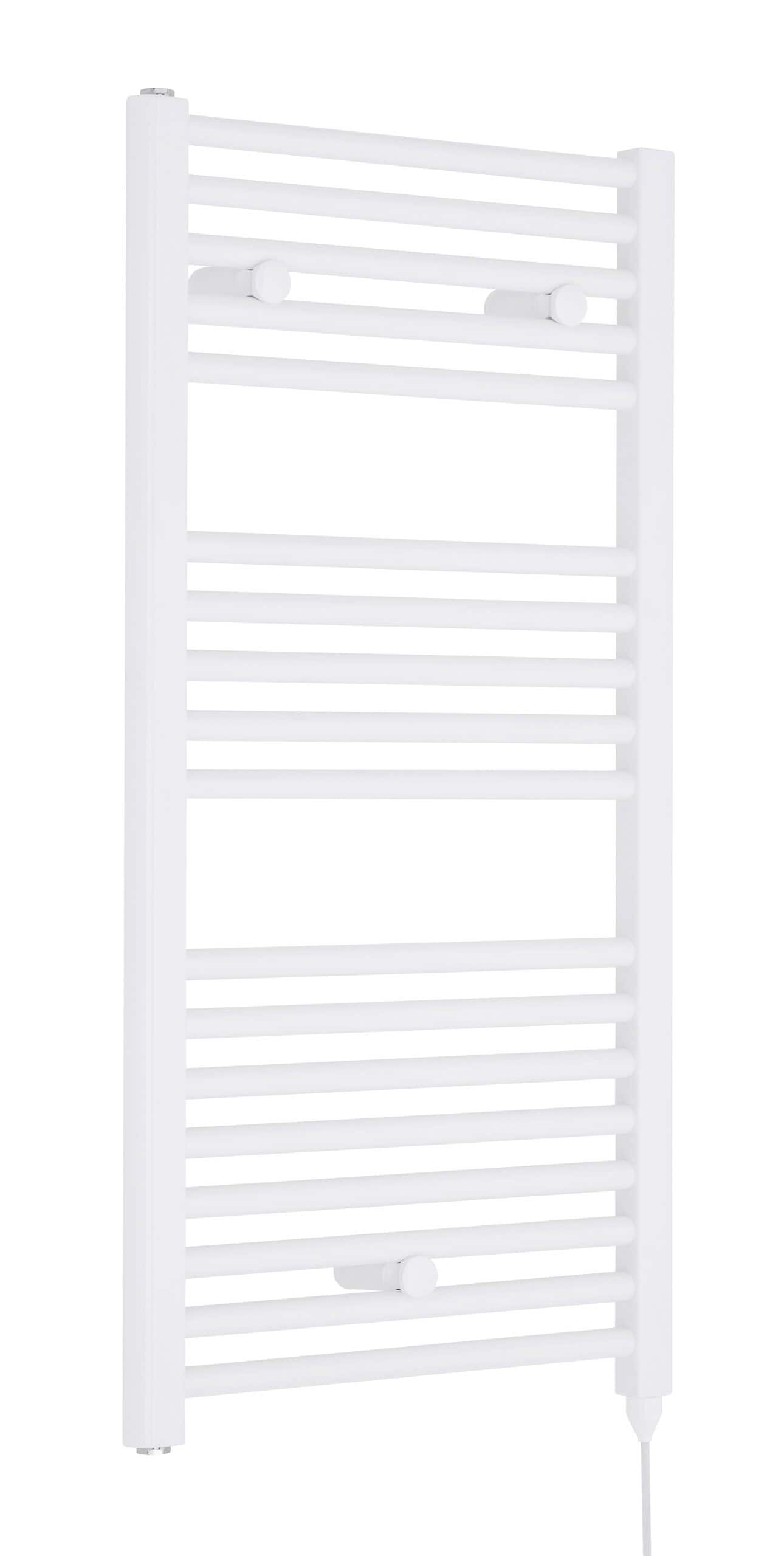 Warm white heated towel rail for bathrooms, modern design by Bubly Bathrooms for efficient towel drying and heating solutions. Durable and stylish bathroom radiator.