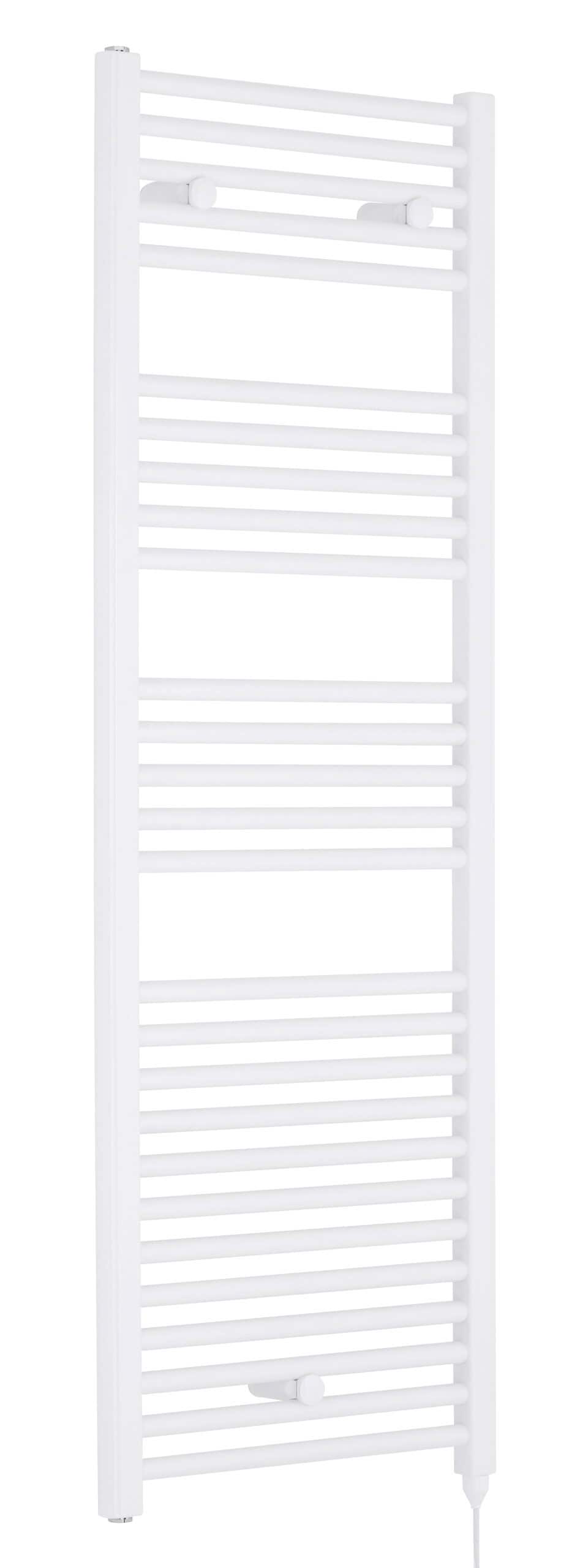 White heated towel radiator for bathroom heating and drying towels, featuring a modern ladder design, perfect for contemporary bathroom interiors.
