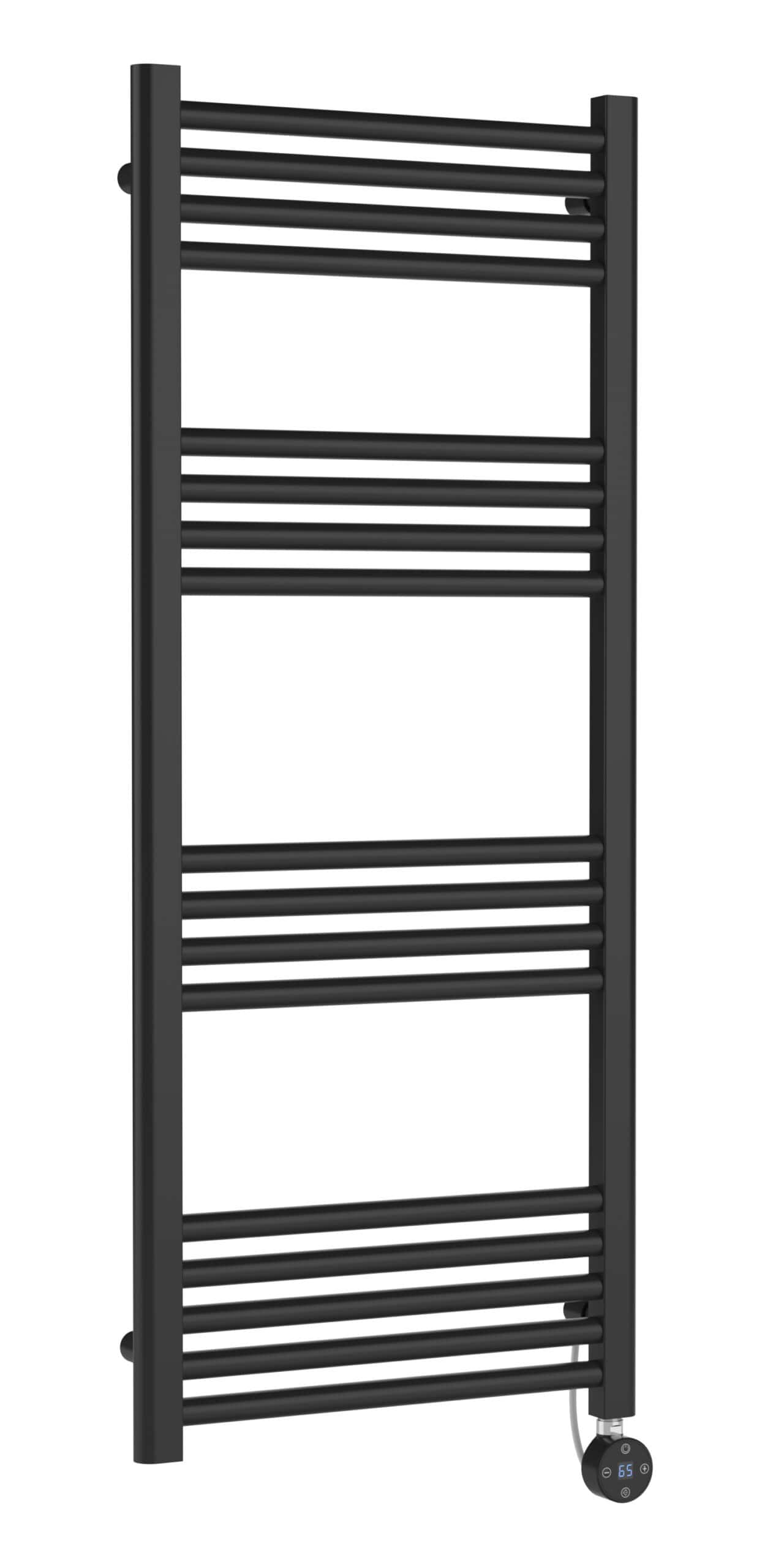 Warm black heated towel rail with modern electric digital temperature control, ideal for cosy bathrooms and spa relaxations.