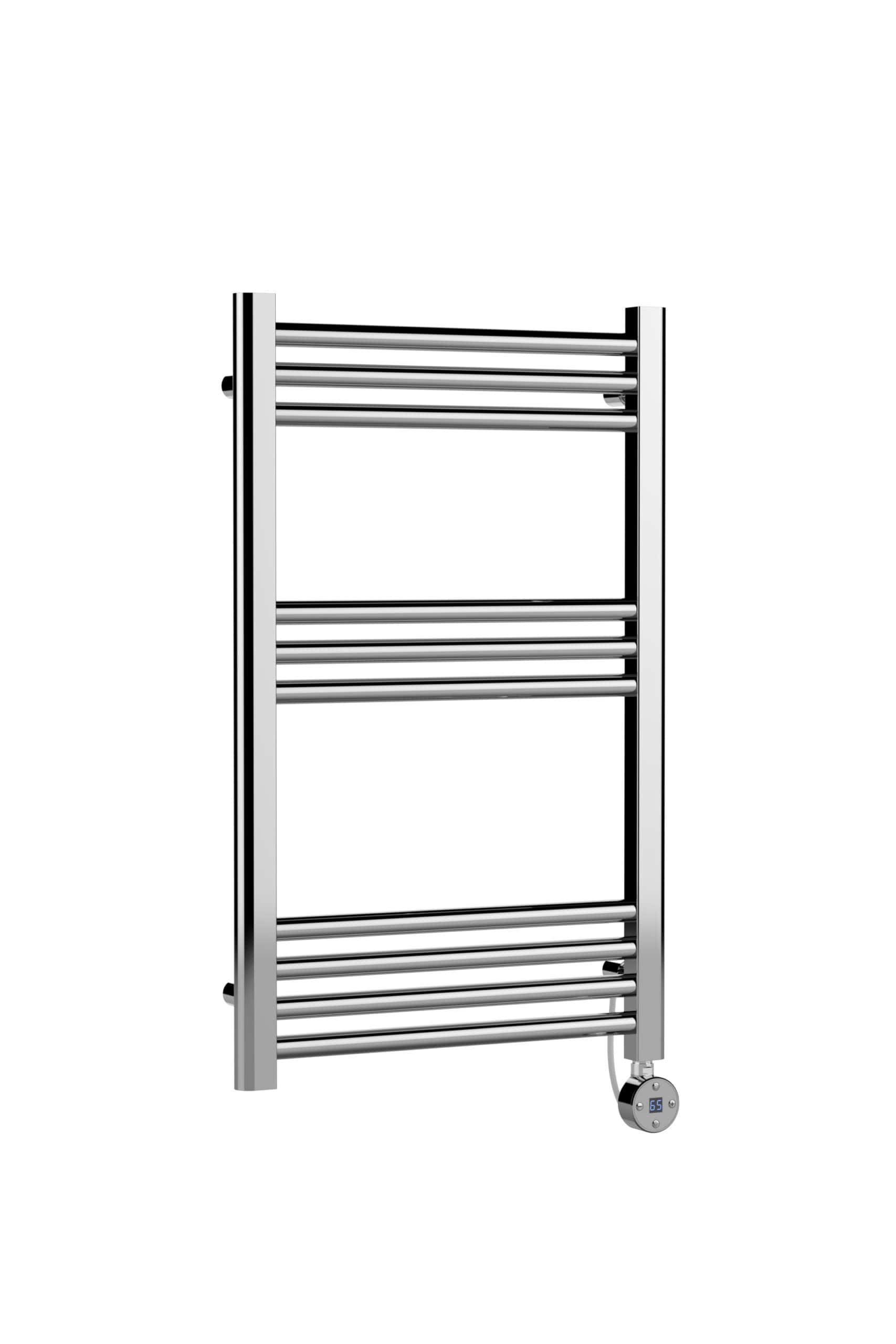 Polished stainless steel electric towel radiator with digital thermostat for bathroom heating and drying.