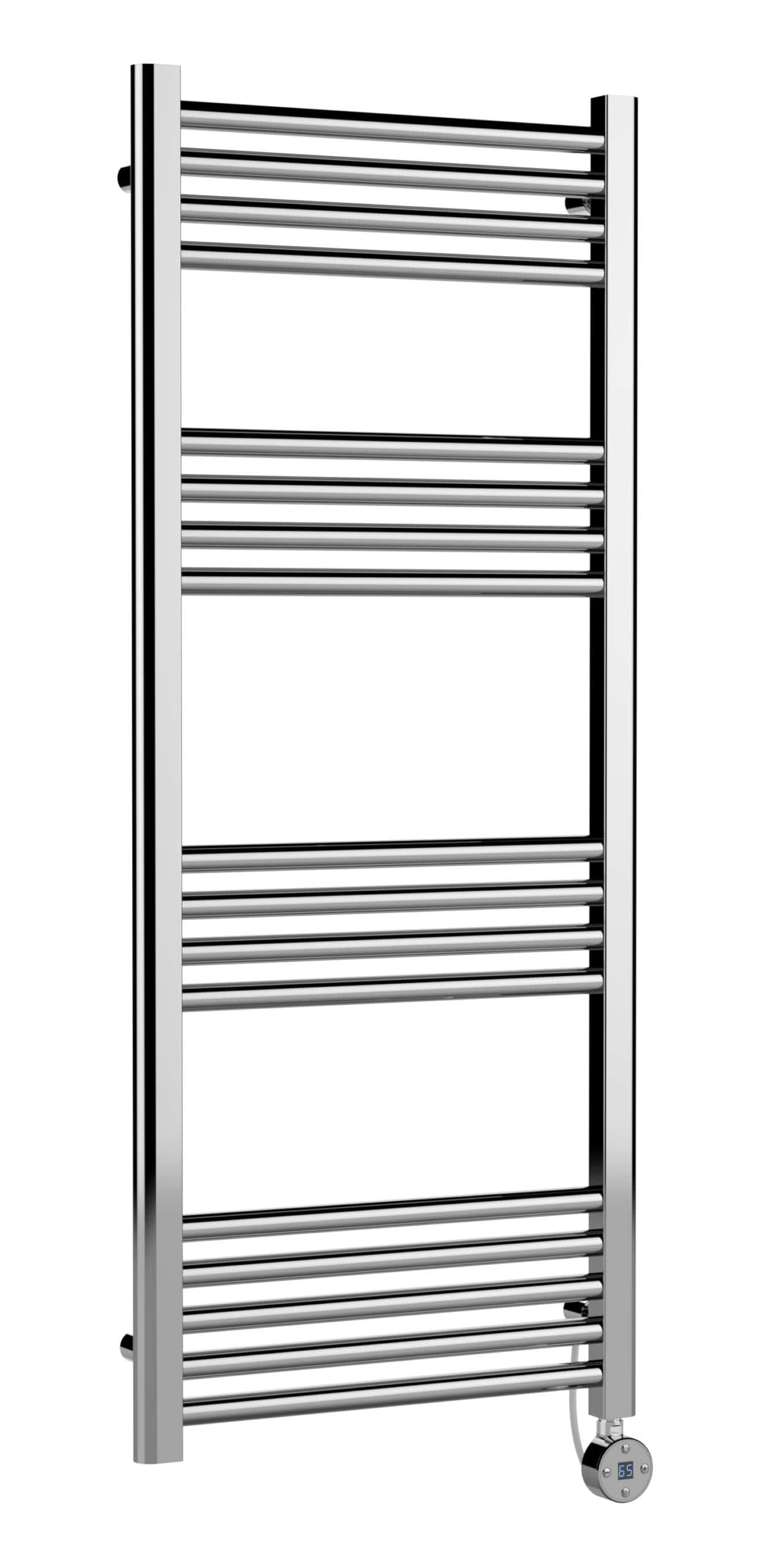 Shiny chrome towel radiator with multiple horizontal bars and adjustable thermostat control, perfect for modern bathrooms.