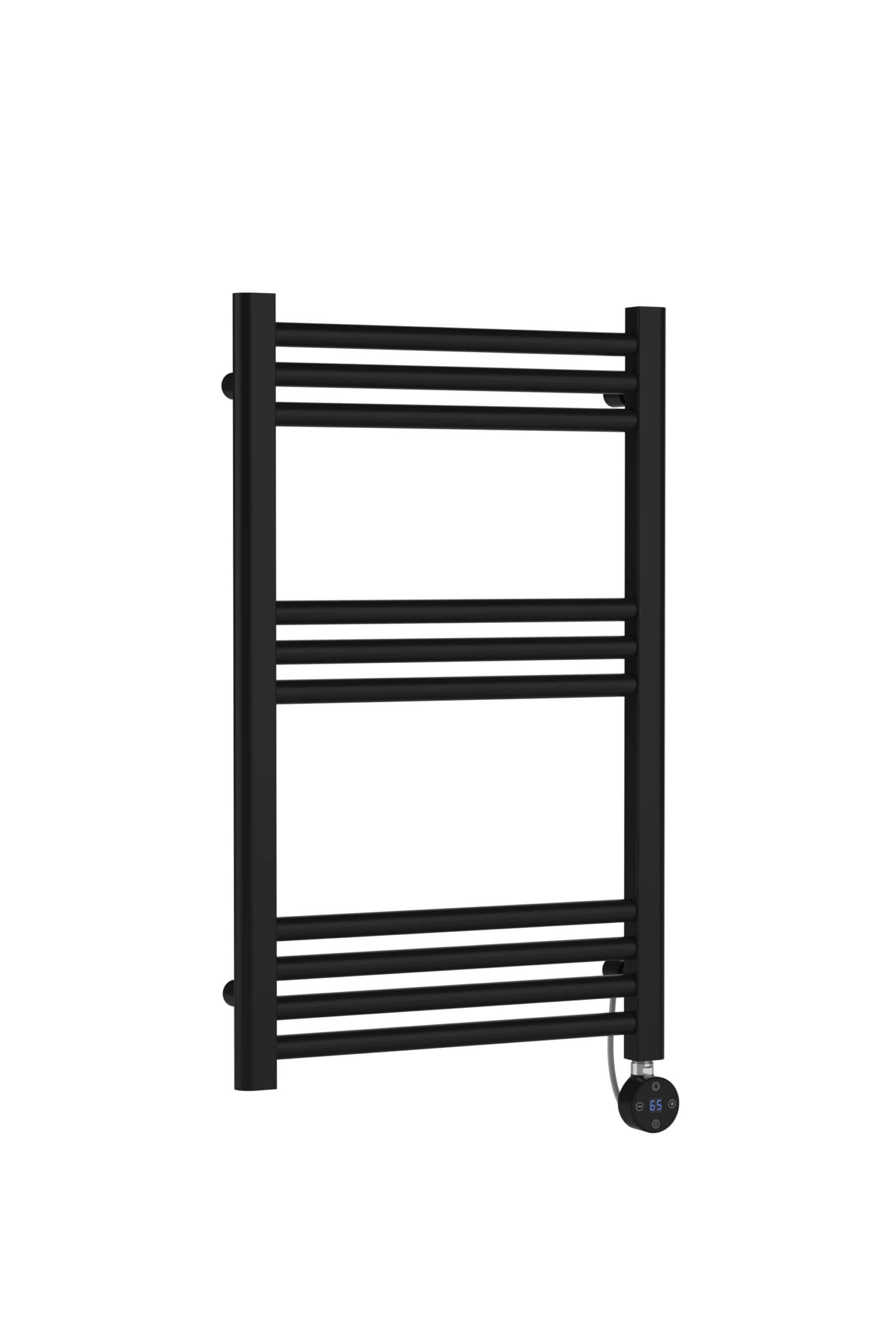 High-quality black electric towel radiator with modern design and digital temperature control, ideal for heating bathrooms and towels efficiently. Perfect for contemporary bathroom decor.