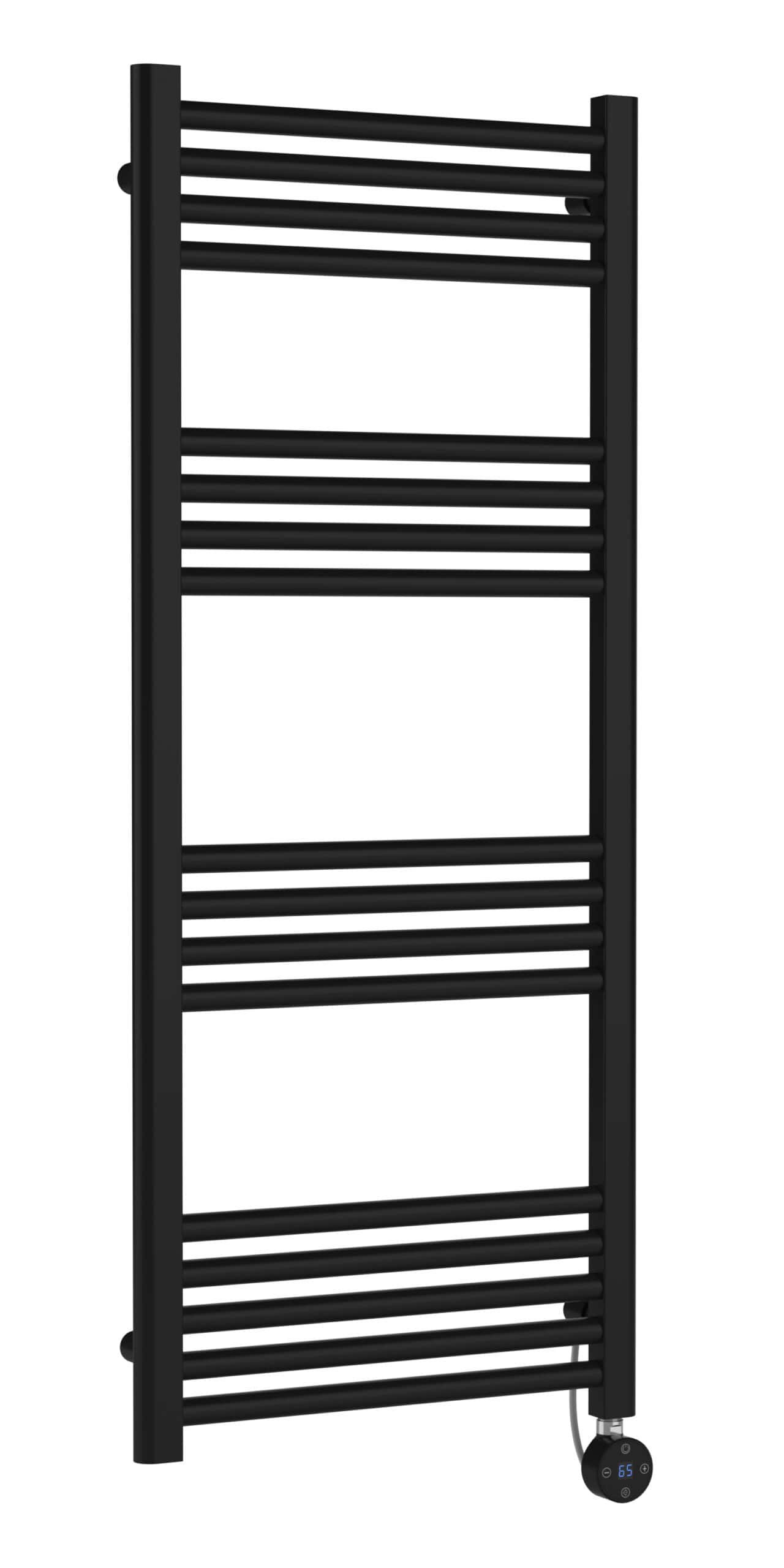 Modern black heated towel radiator with digital thermostat control for luxury bathroom comfort.