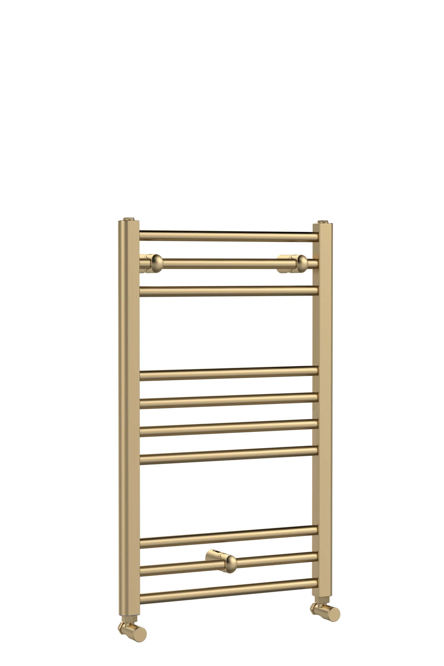 Polished gold towel radiator with multiple horizontal bars, ideal for modern bathroom heating and towel drying. Elegant design complements contemporary bathroom decor.