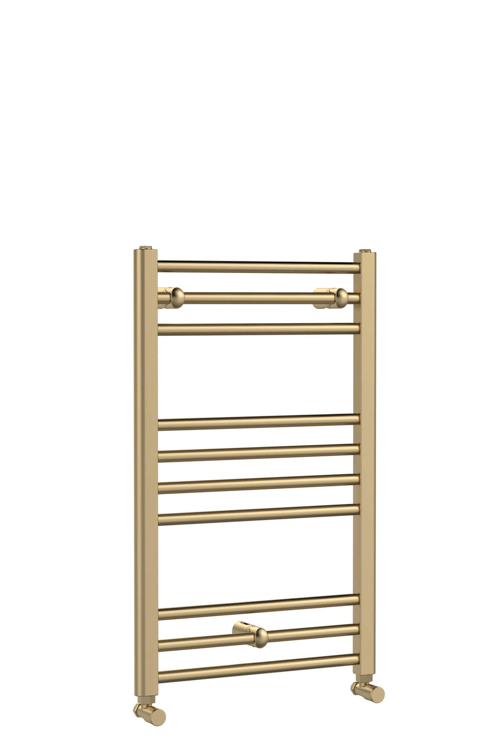 Polished gold towel radiator with multiple horizontal bars, ideal for modern bathroom heating and towel drying. Elegant design complements contemporary bathroom decor.
