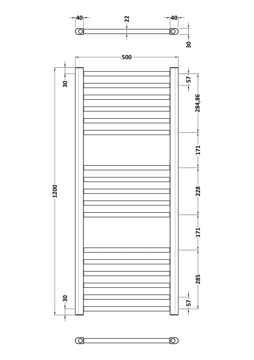 Sleek wooden bathroom towel radiator with multiple horizontal bars, ideal for drying and warming towels in modern bathrooms, dimensions 1200mm height and 500mm width.