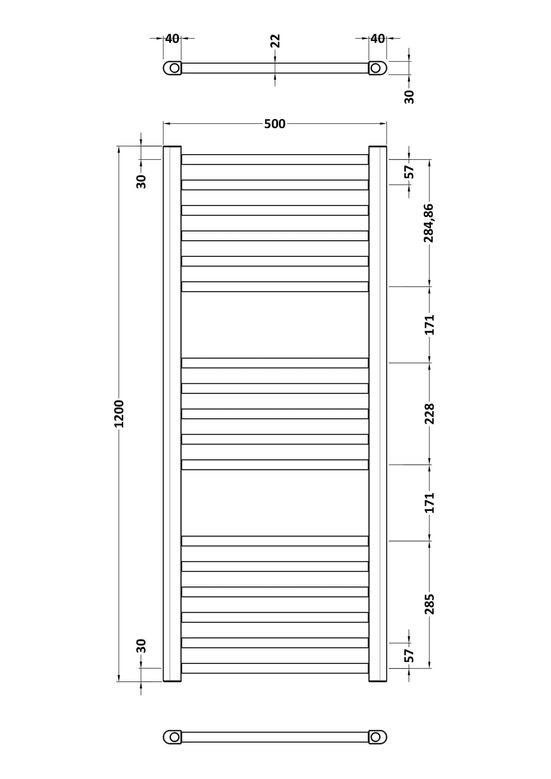 Sleek wooden bathroom towel radiator with multiple horizontal bars, ideal for drying and warming towels in modern bathrooms, dimensions 1200mm height and 500mm width.