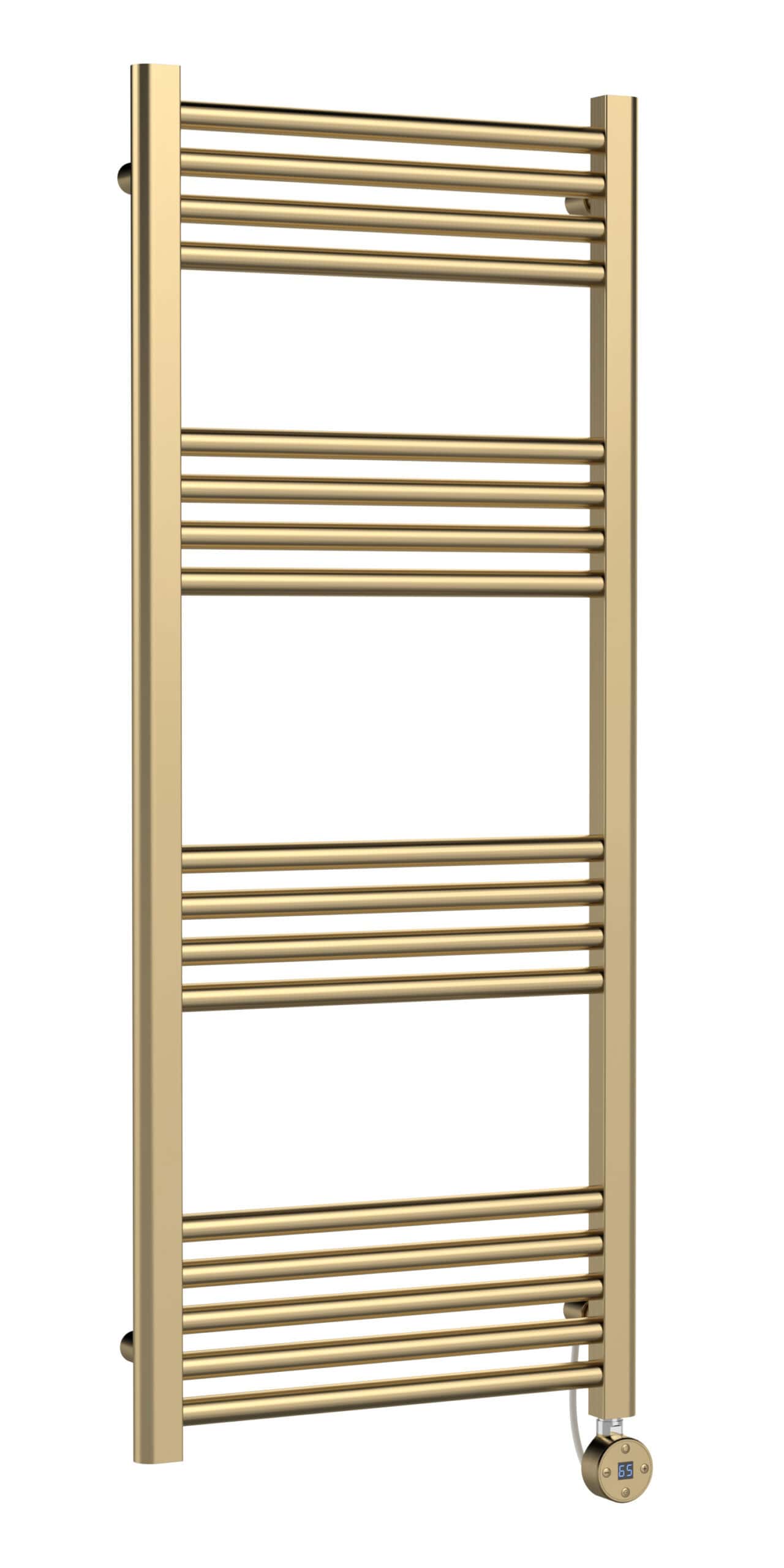 Radiator towel warmer in gold finish, modern heated bathroom towel rack with timer control for luxurious comfort. Perfect for keeping towels warm and dry in your bathroom.