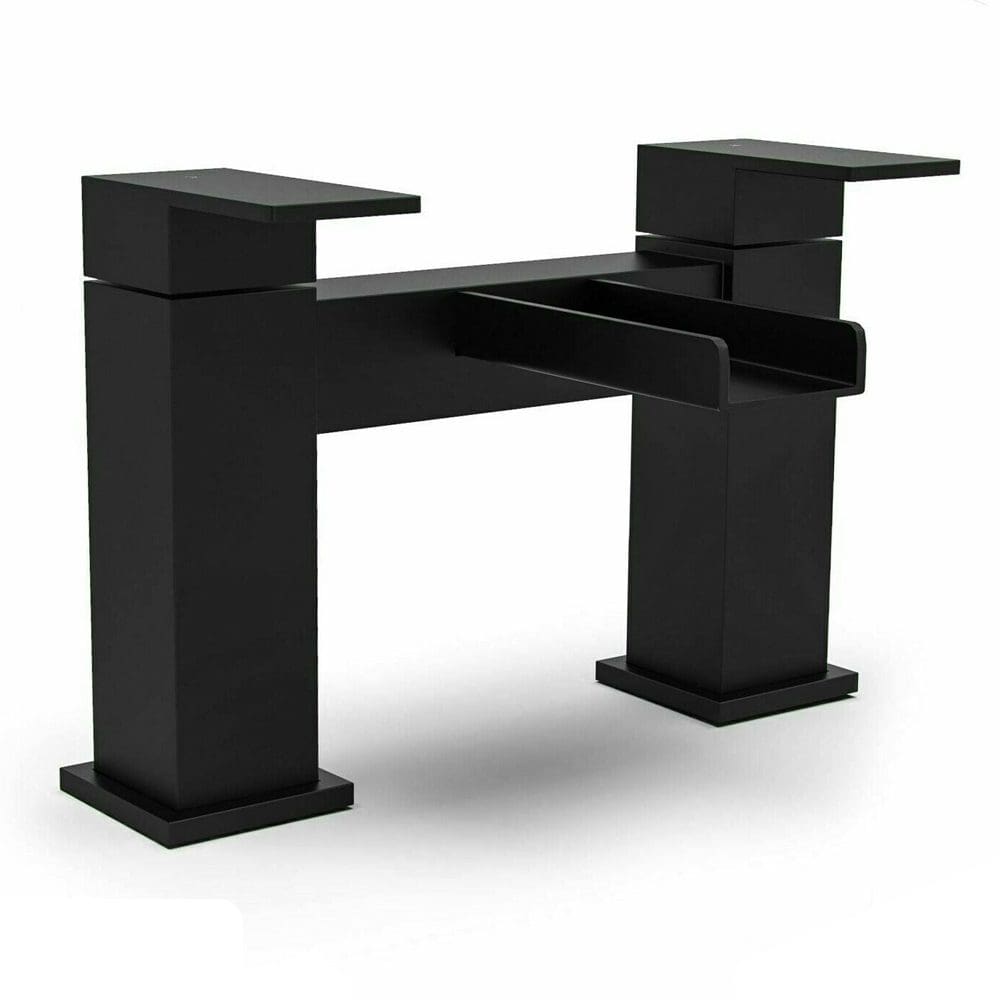 Modern black bathroom vanity unit with open shelving and clean lines, perfect for contemporary bathrooms. Durable, sleek design ideal for stylish storage and organisation.