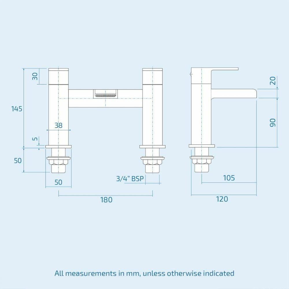 High-quality bathroom faucet technical drawing with detailed measurements in millimetres, suitable for plumbing installation and bathroom design planning.