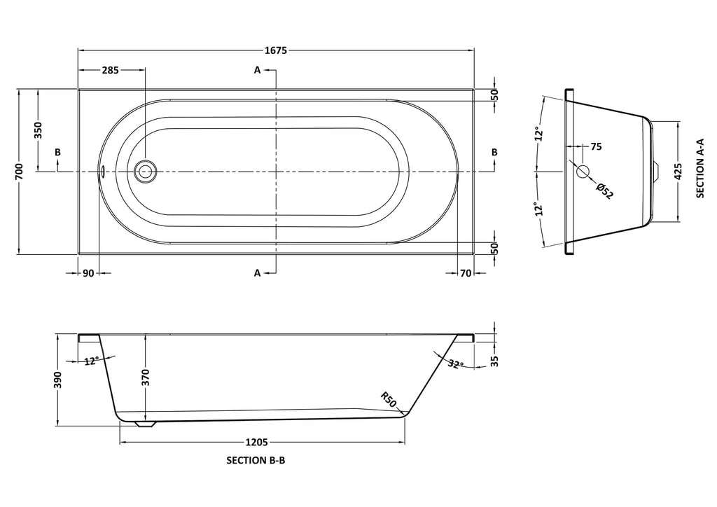 Schematic drawing of a modern bathtub with detailed measurements and design features, ideal for custom bathroom projects and bathroom renovation.
