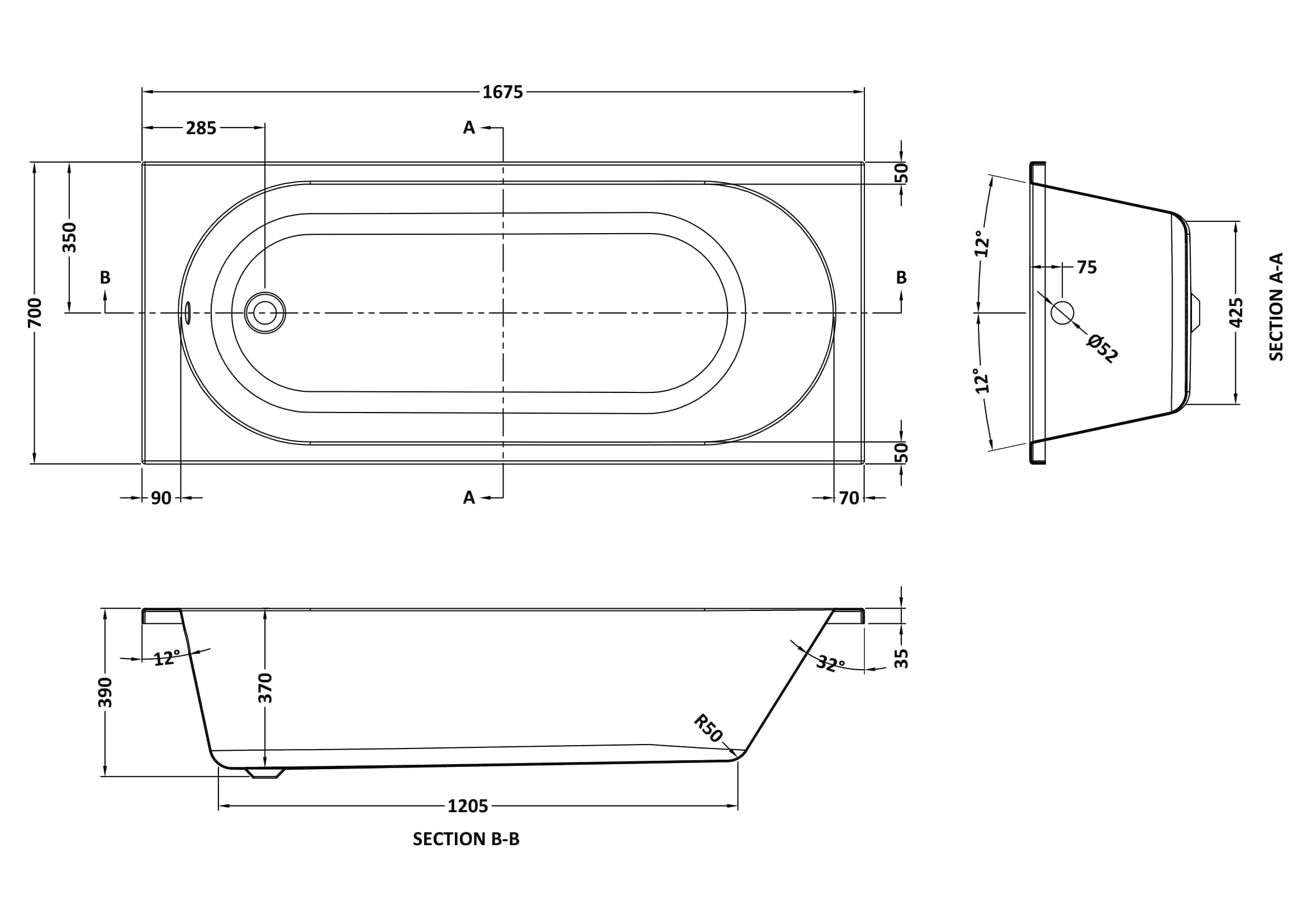 Schematic drawing of a modern bathtub with detailed measurements and design features, ideal for custom bathroom projects and bathroom renovation.