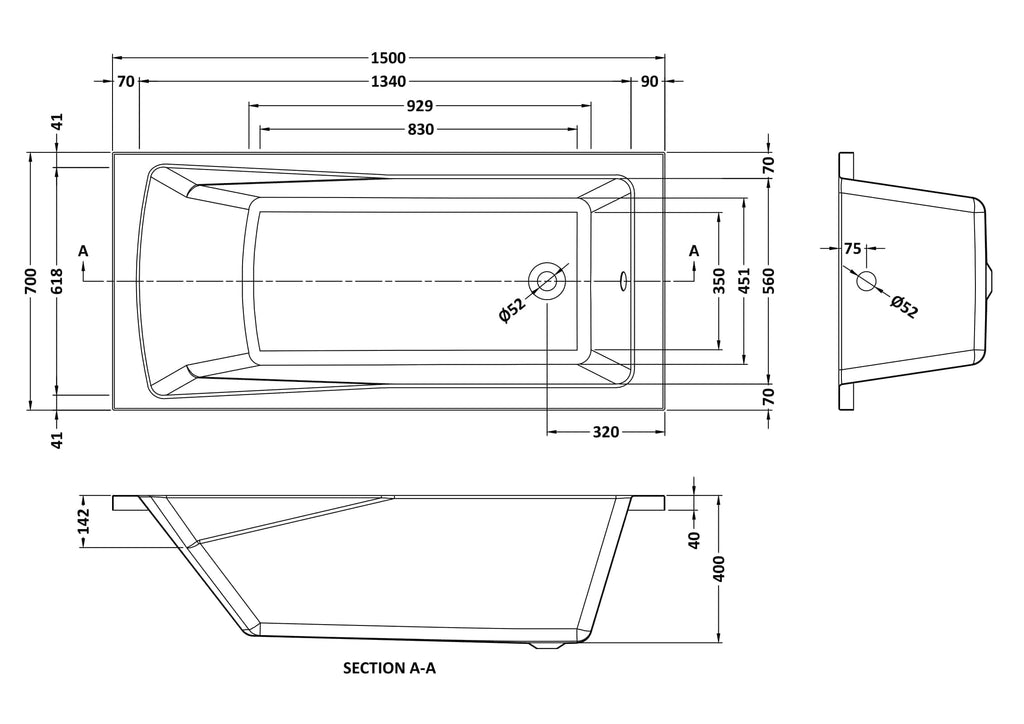 Schematic drawing of a modern bathtub with detailed dimensions, focusing on space optimisation and design aesthetics for bathroom renovations and installations.