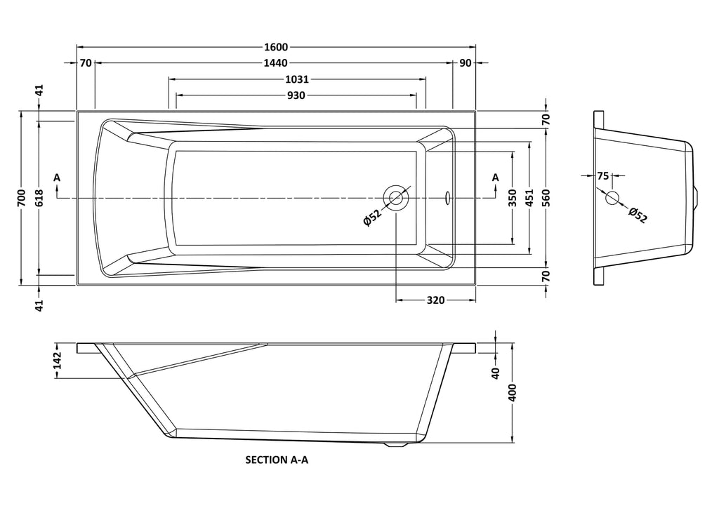 Flexible bathtub technical drawing with detailed measurements for bathroom renovation projects.