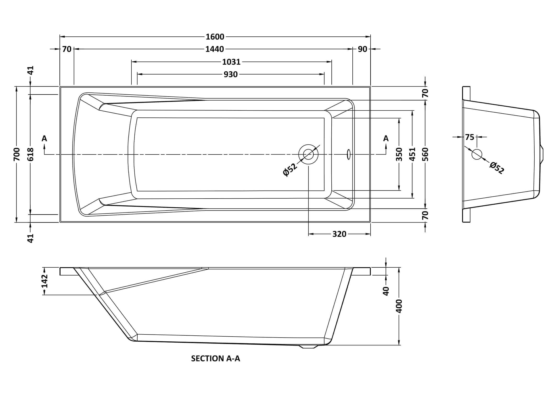 Flexible bathtub technical drawing with detailed measurements for bathroom renovation projects.