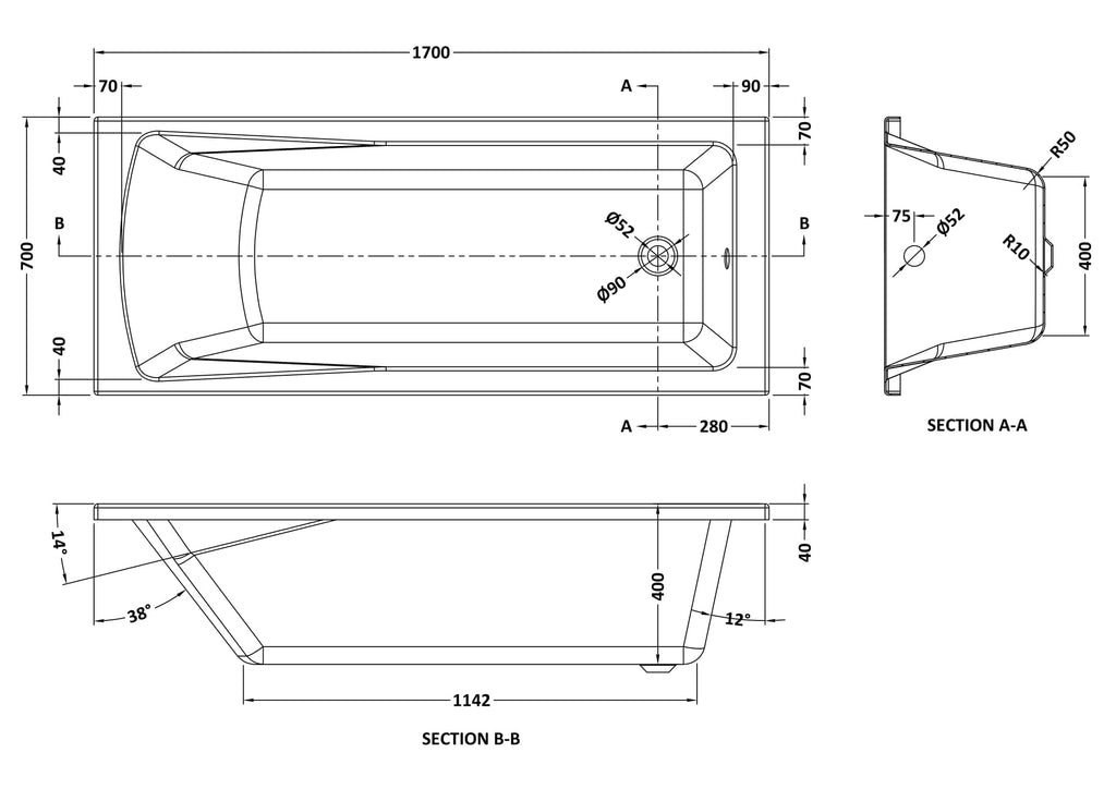 Sleek modern bathtub with detailed technical drawing, ideal for contemporary bathrooms, featuring dimensions, drainage details, and installation specifications. Perfect for bathroom renovation projects.