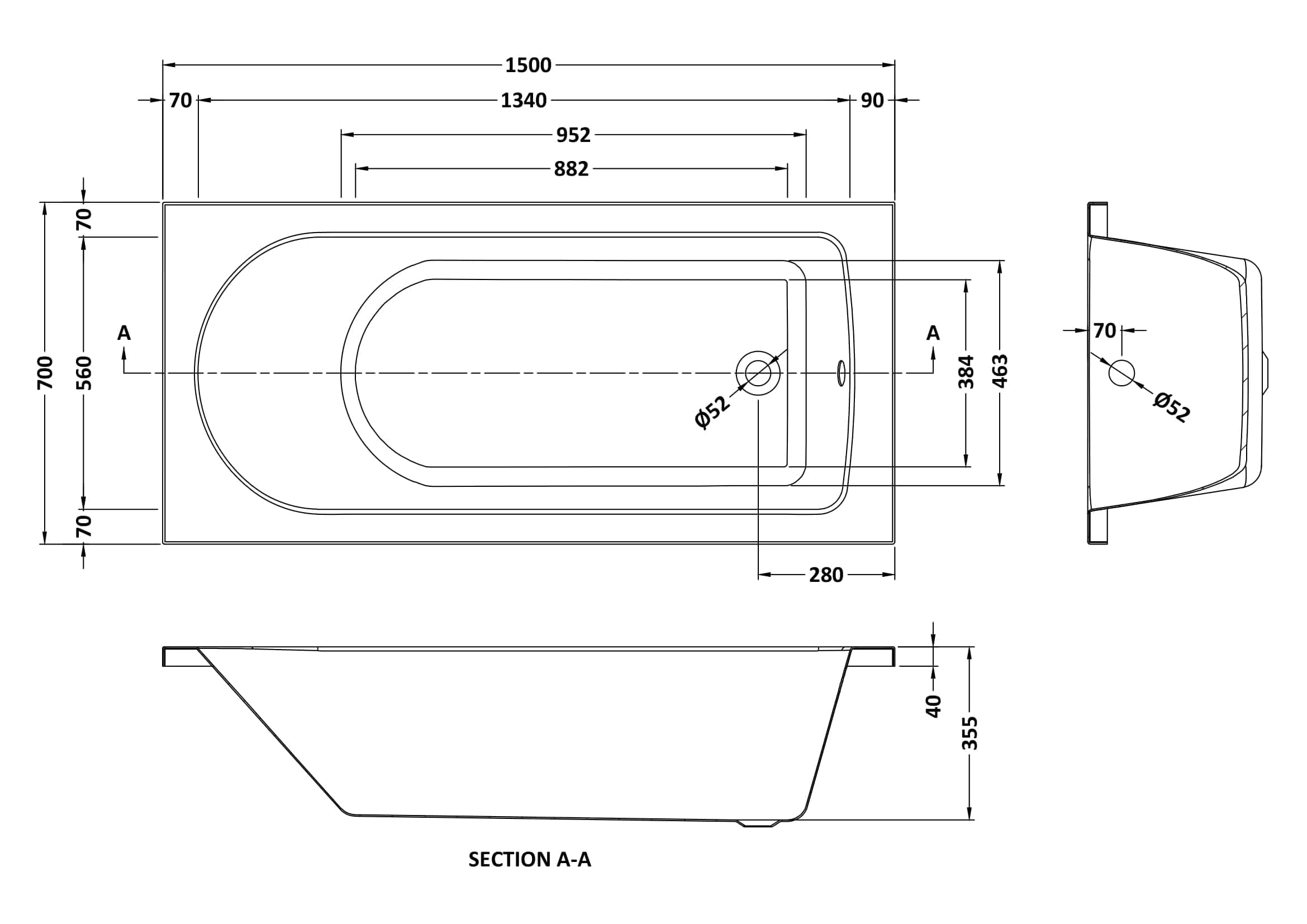 Elegant bathtub with detailed technical schematic, showcasing modern design and precise measurements for bathroom renovation projects.