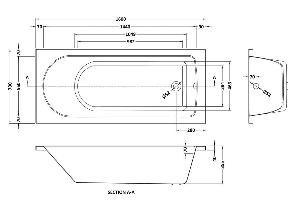 High-quality bathtub technical drawing showcasing dimensions for custom bathroom installations and modern bathroom design. Precise technical plan from Bubly Bathrooms UK.