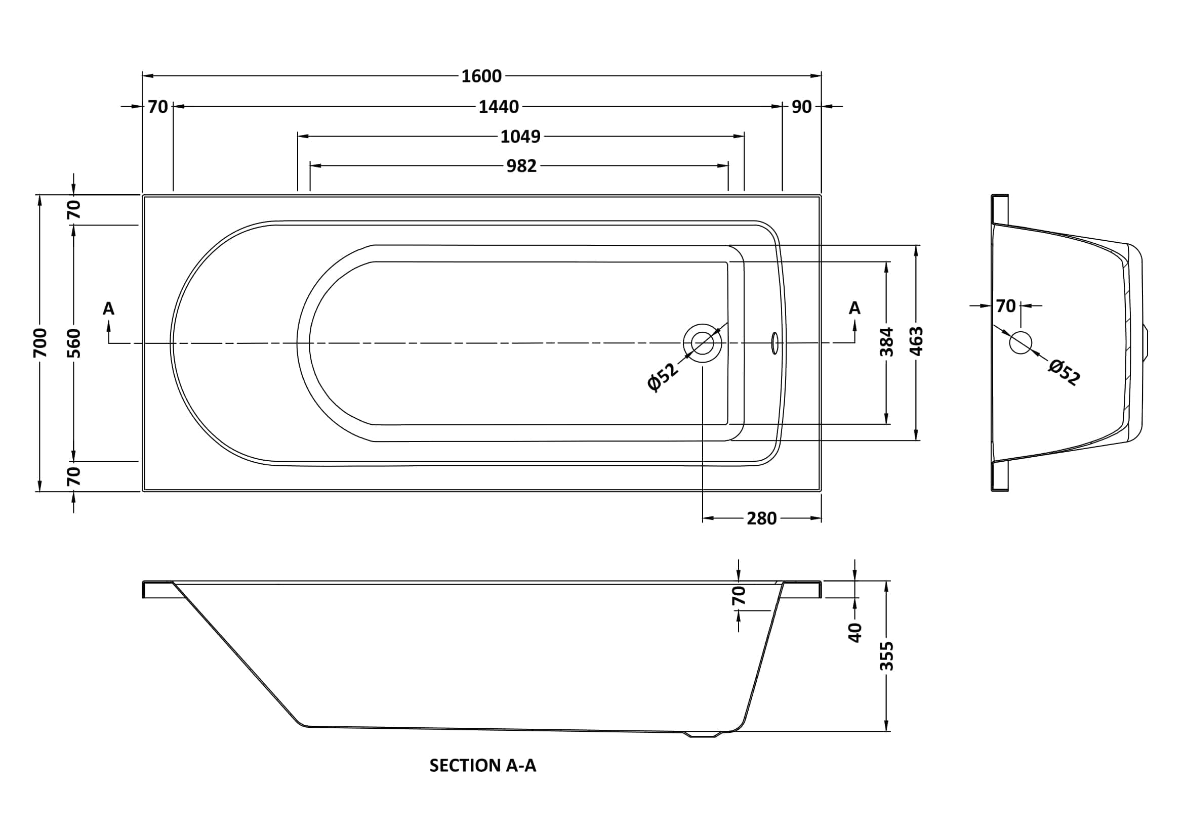 High-quality bathtub technical drawing showcasing dimensions for custom bathroom installations and modern bathroom design. Precise technical plan from Bubly Bathrooms UK.