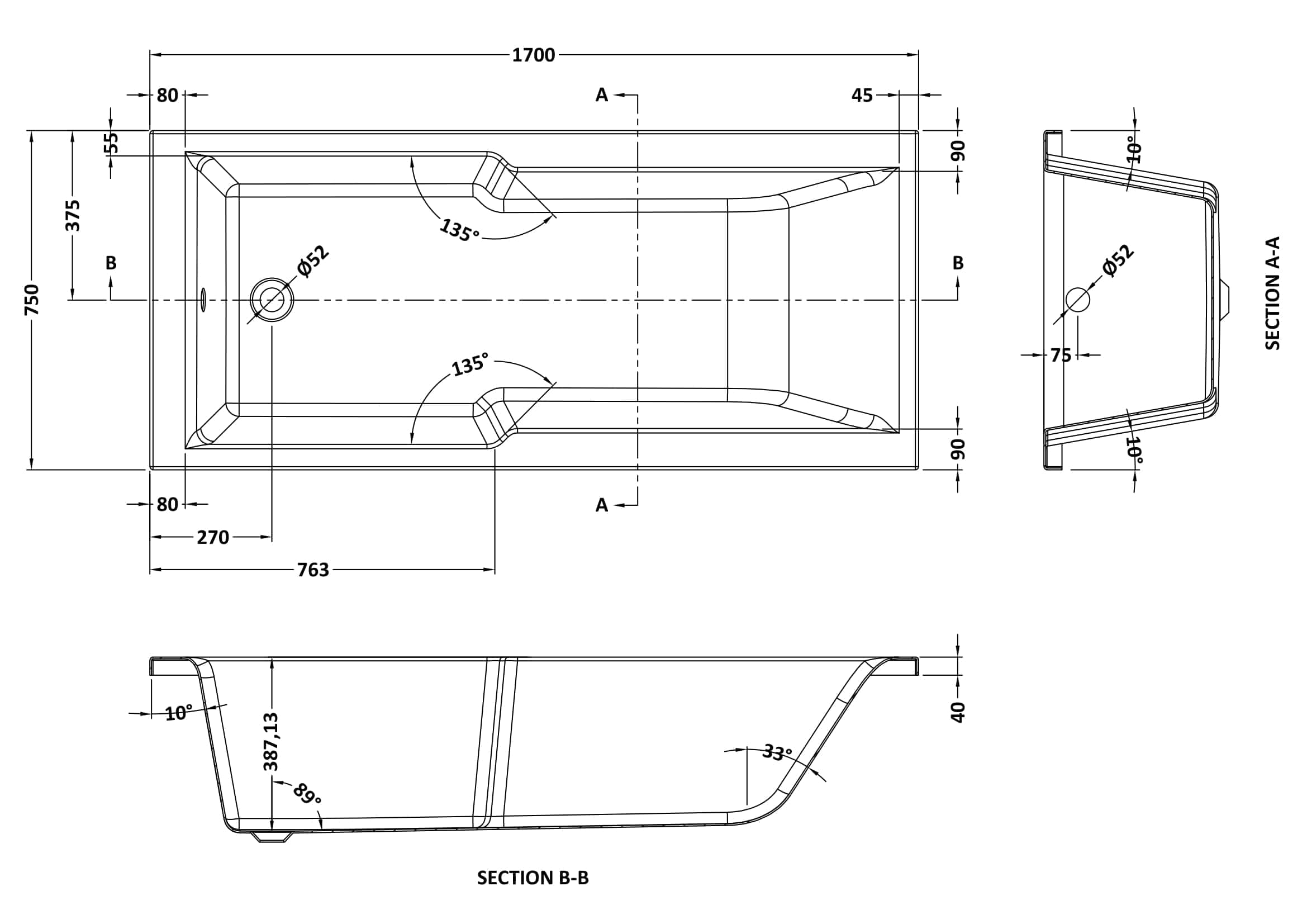 Sleek modern bathtub with ergonomic design, detailed technical drawing, ideal for luxury bathroom upgrades, showcasing precise measurements and optimal space utilization for contemporary bathrooms.