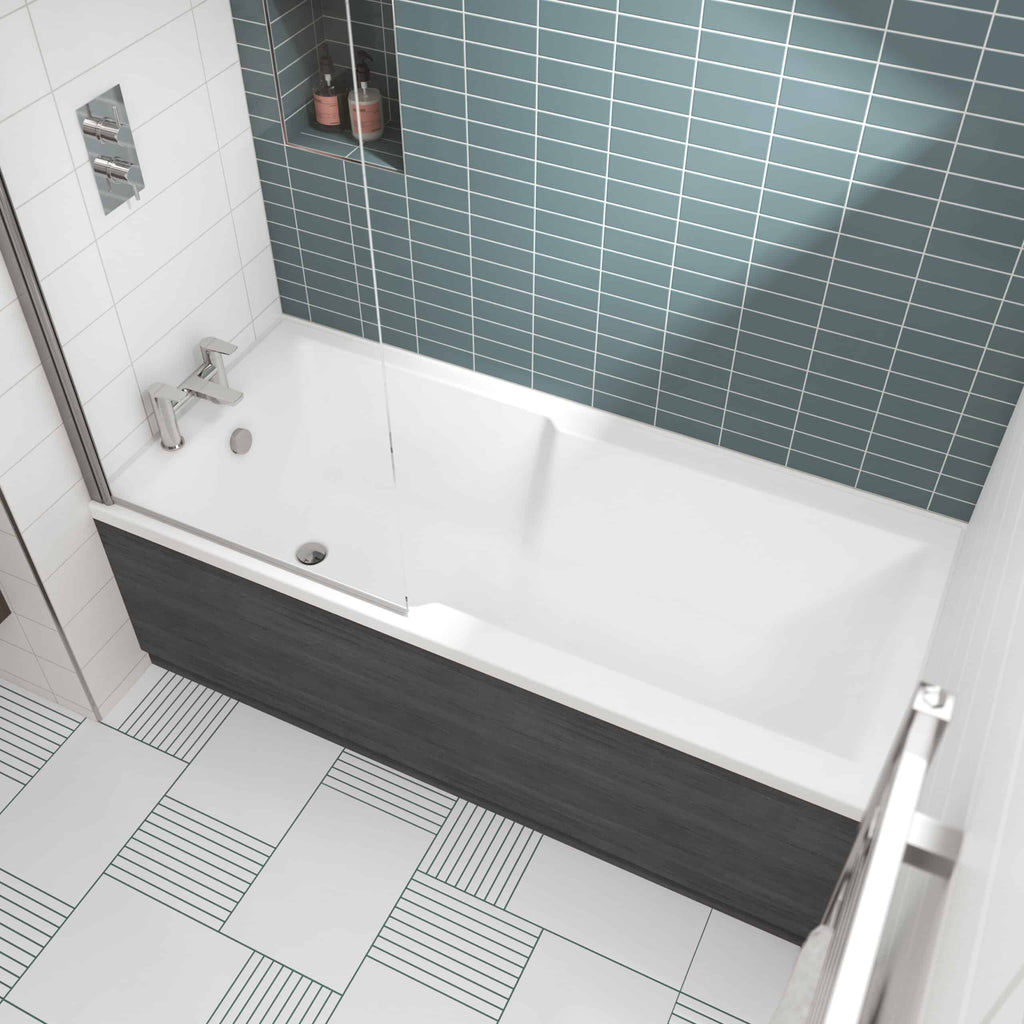 Luxurious walk-in bathtub with modern chrome fixtures and grey paneling, surrounded by contemporary blue and white tiled walls for stylish bathroom renovation.
