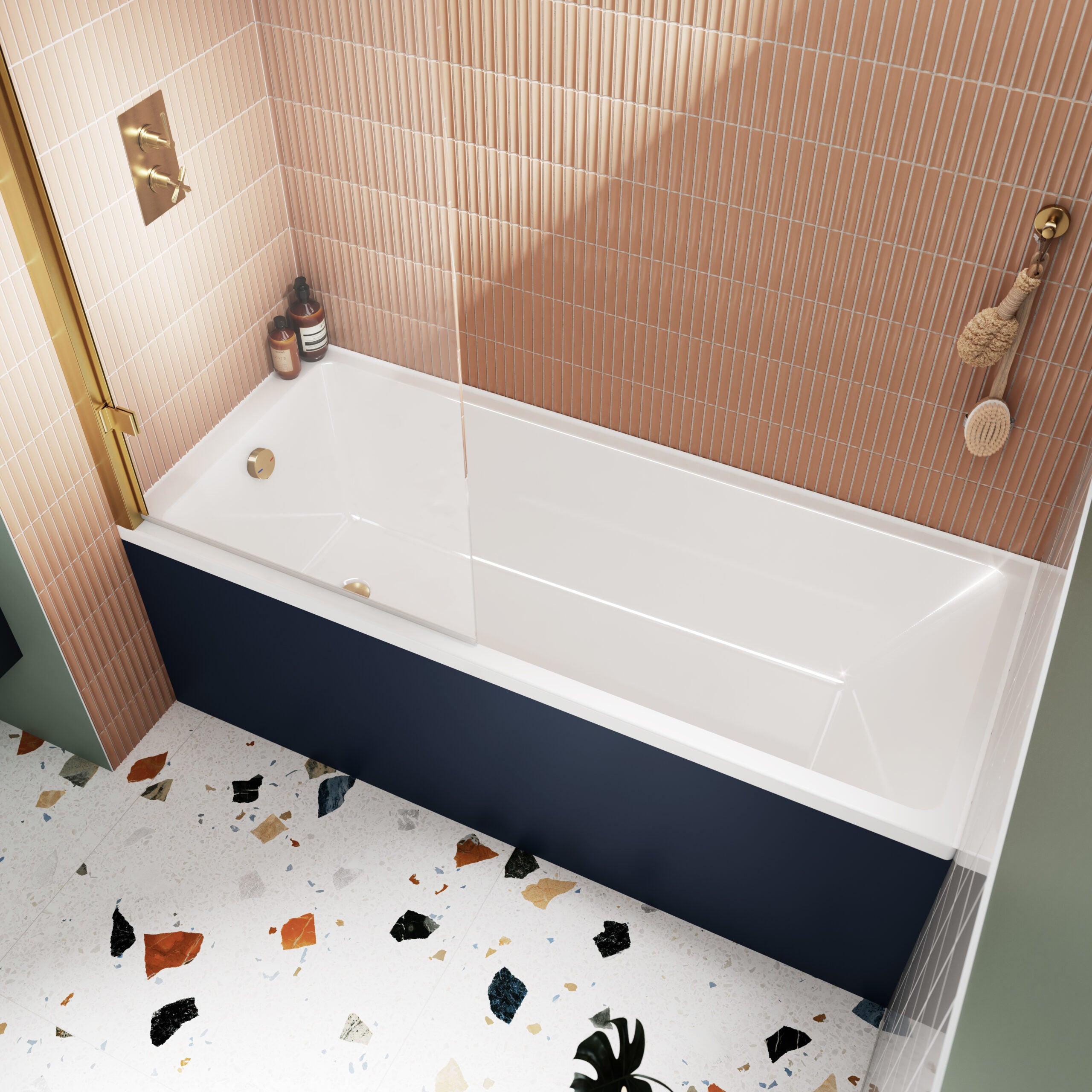 Bright modern bathroom with pink tiled walls, white bathtub, and gold fixtures, showcasing stylish bathroom design ideas from Bubly Bathrooms.