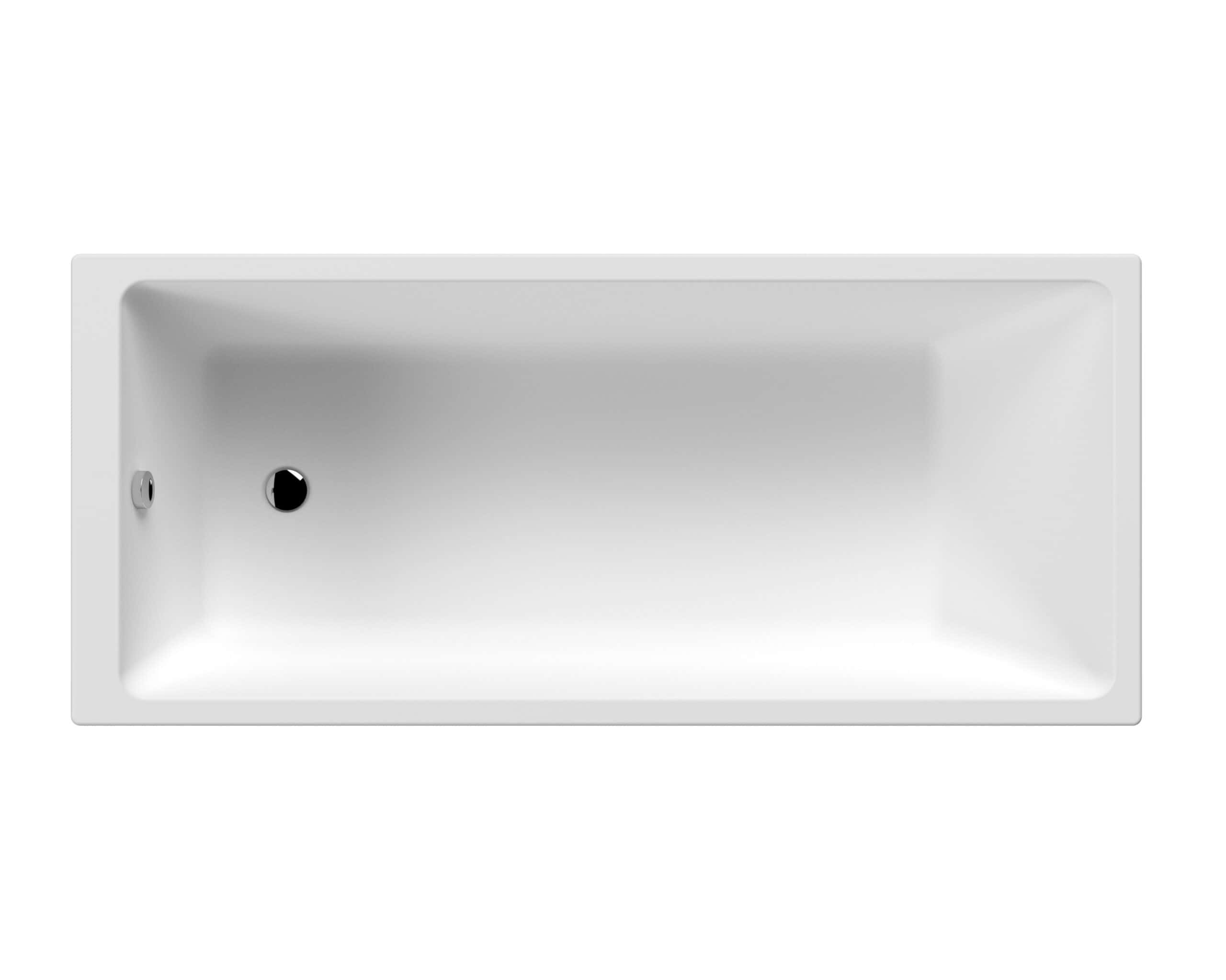 Sleek white rectangular bathroom bathtub with smooth edges, ideal for modern stylish bathrooms, featuring standard drain and overflow, providing comfort and functionality.