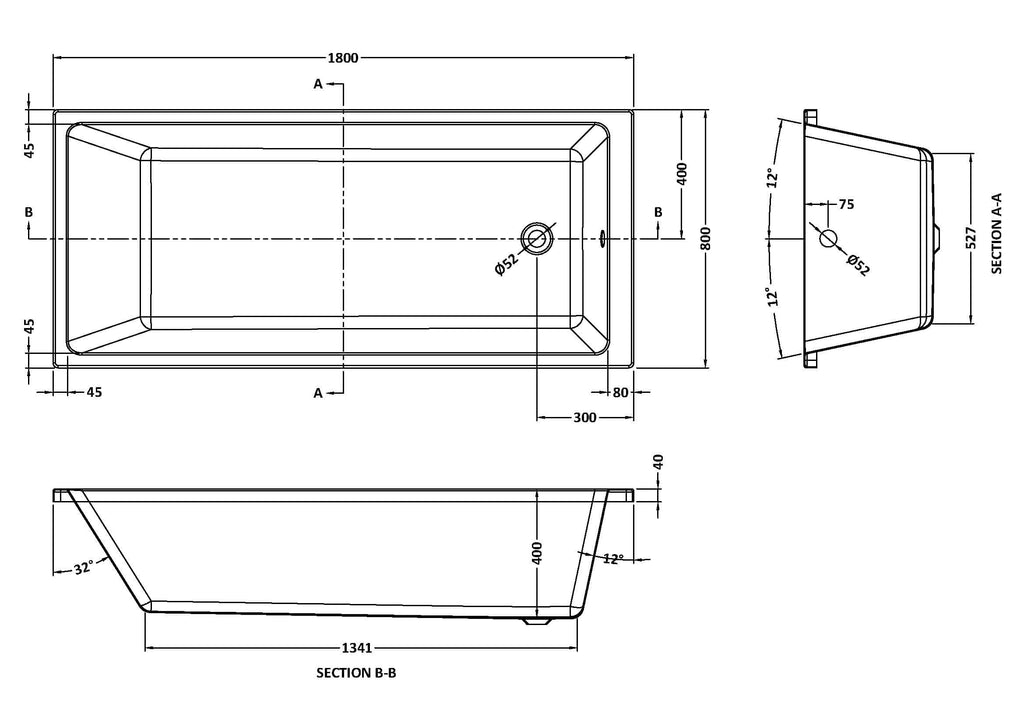 Elegant freestanding bathtub with modern design, perfect for luxury bathrooms, featuring detailed technical drawings, dimensions, and installation specifications for custom bathroom setup.