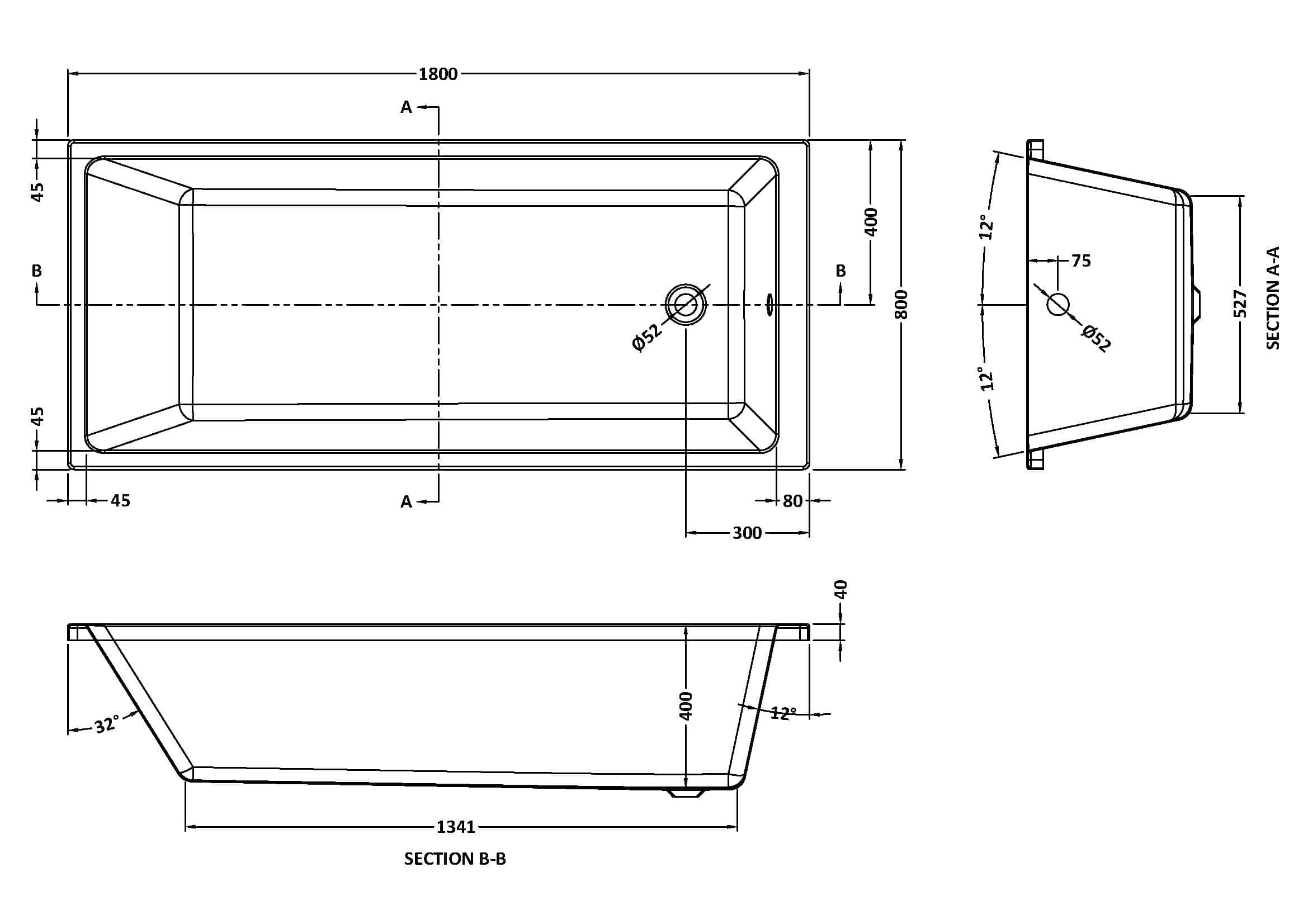 Elegant freestanding bathtub with modern design, perfect for luxury bathrooms, featuring detailed technical drawings, dimensions, and installation specifications for custom bathroom setup.