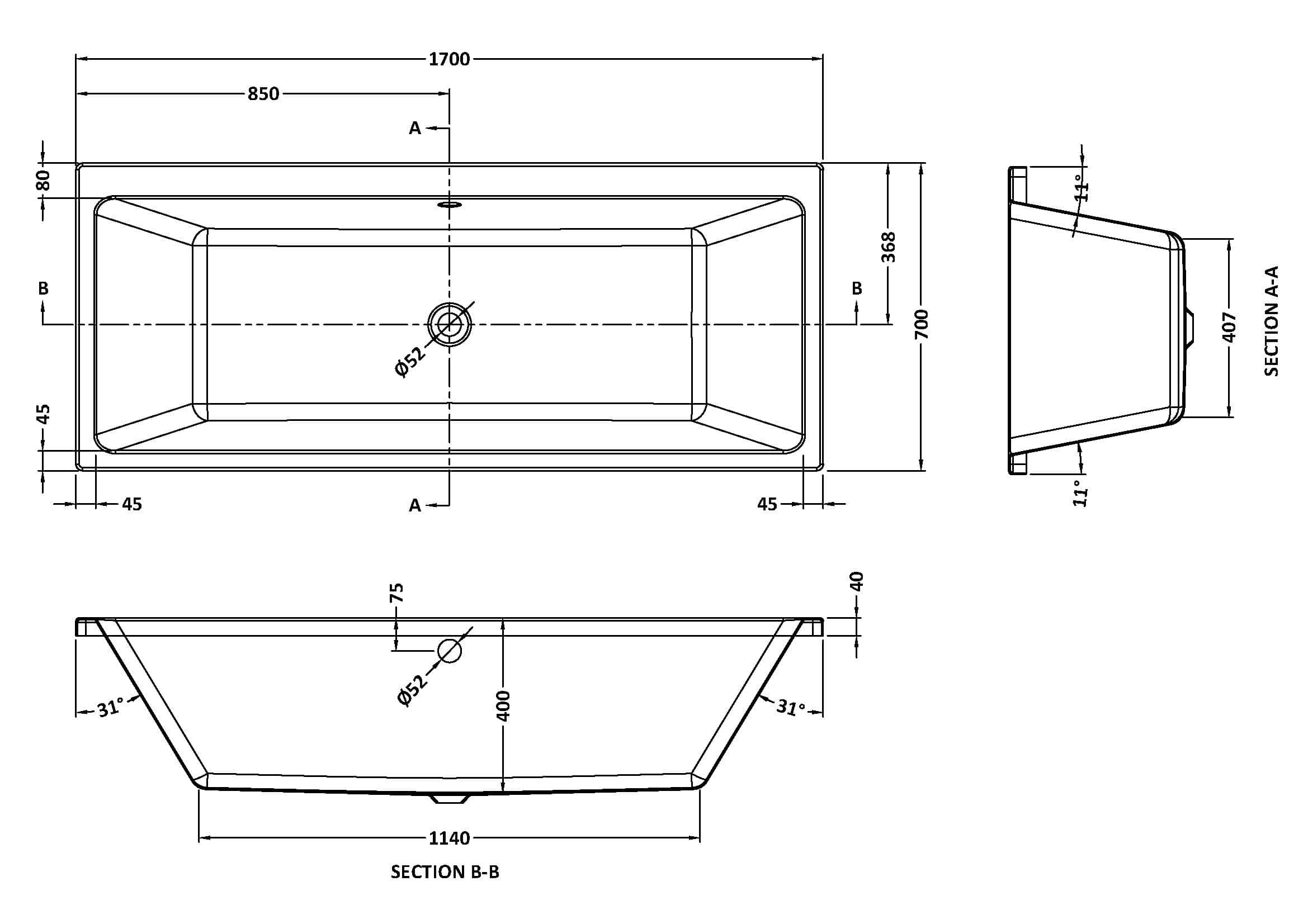 Sleek modern bathtub design with detailed technical blueprints, showcasing dimensions and structural features for custom bathroom installation. Ideal for contemporary bathroom renovation projects.