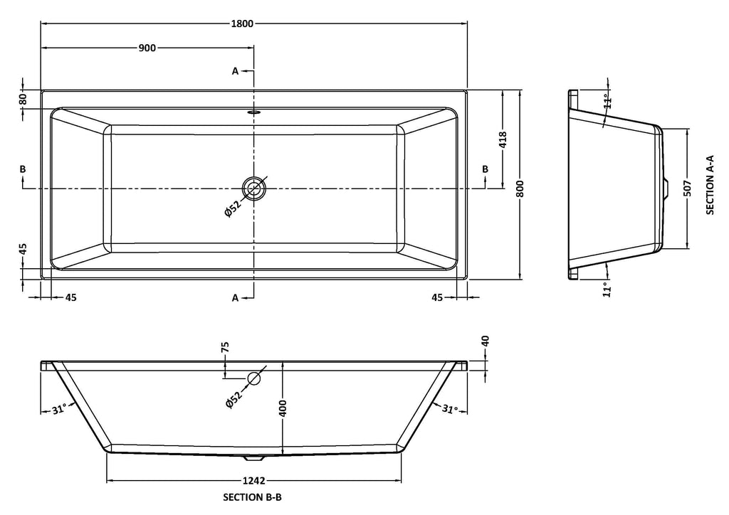 Sleek modern rectangular bath Tub with dimensions for luxury bathrooms, featuring a built-in drain and ergonomic design, ideal for contemporary bathroom renovation.