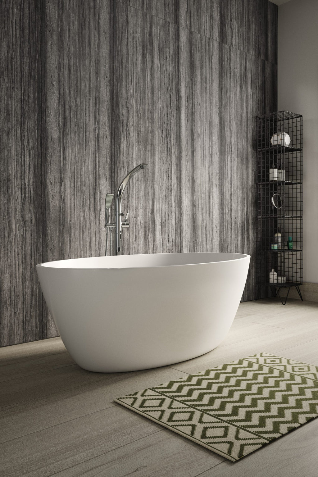 Sleek freestanding white bathtub with modern chrome faucet in contemporary bathroom with textured grey wood accent wall and patterned green and white bath mat.