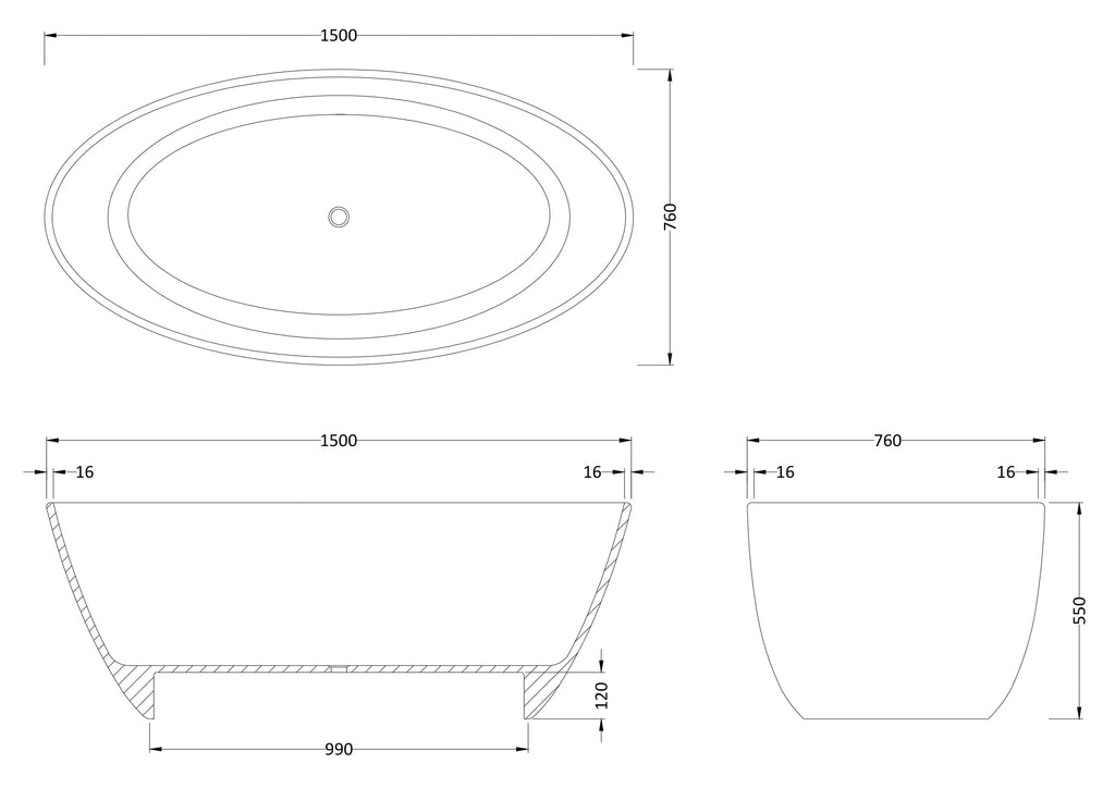 Sleek oval freestanding bathtub with modern design, perfect for luxury bathrooms, featuring precise dimensions for versatile installation.