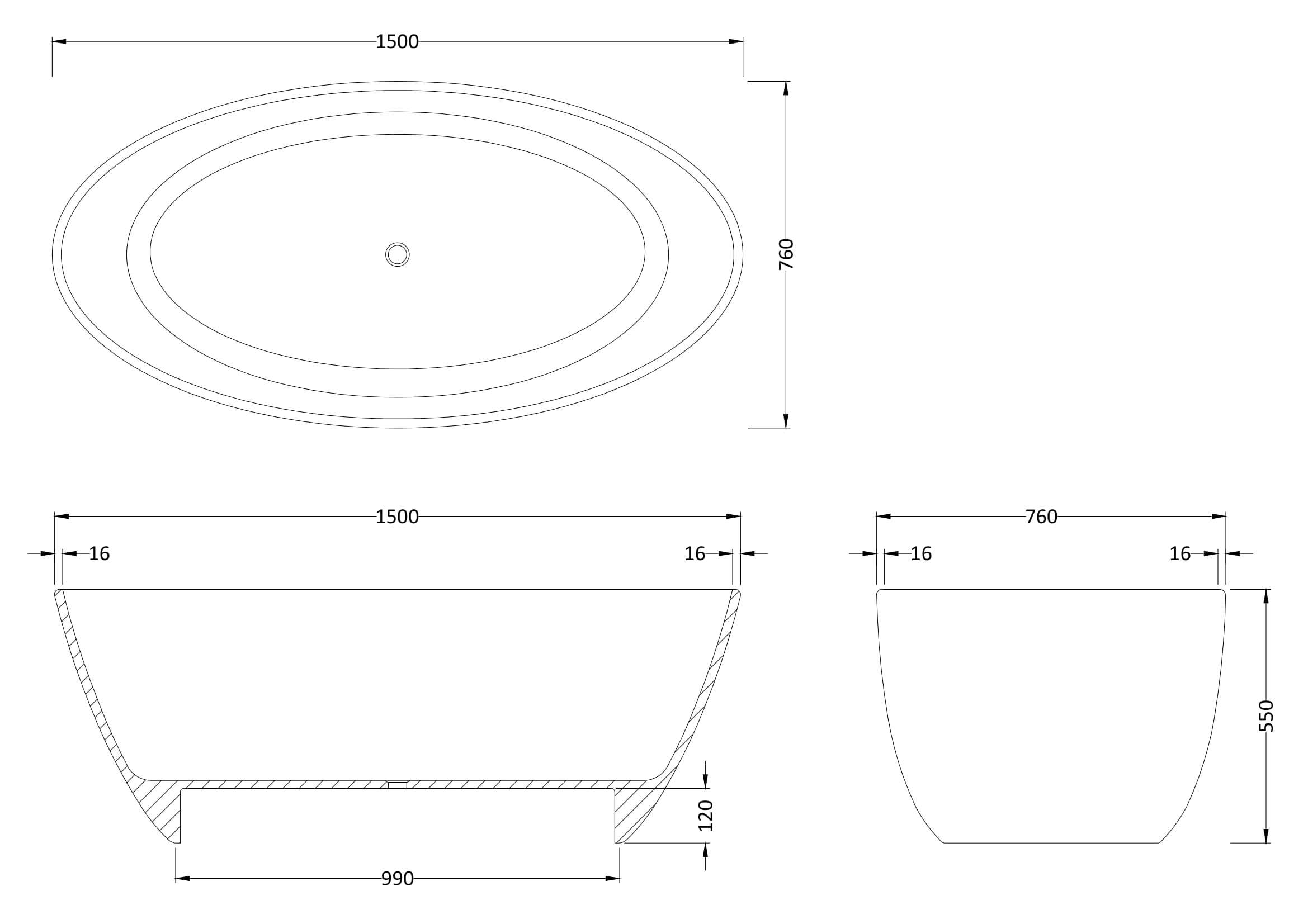 Sleek oval freestanding bathtub with modern design, perfect for luxury bathrooms, featuring precise dimensions for versatile installation.