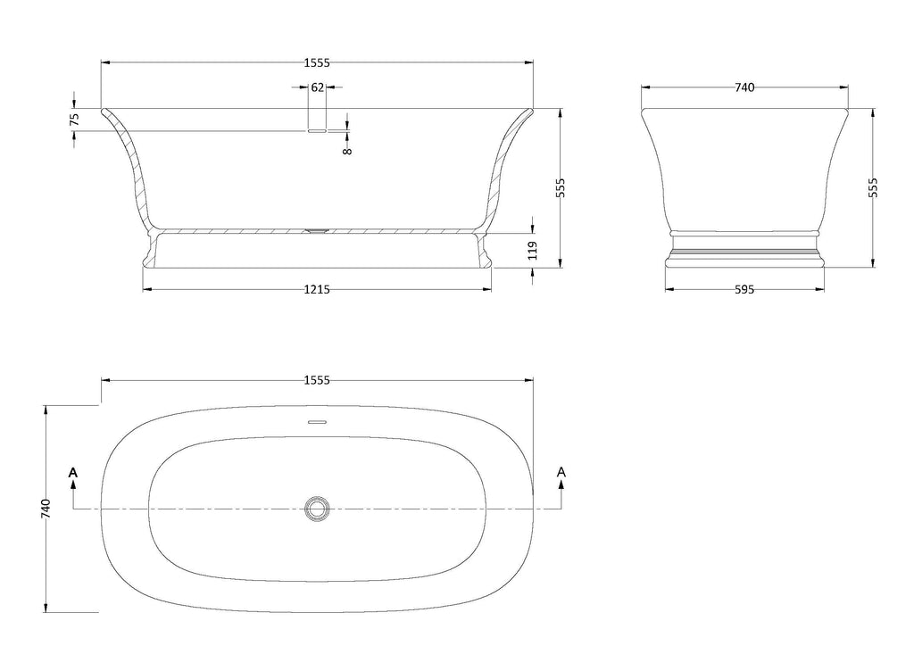 Luxurious freestanding bathtub with elegant curves, detailed technical drawing showcasing dimensions and design features, perfect for high-end bathroom renovation or stylish bathroom decor.