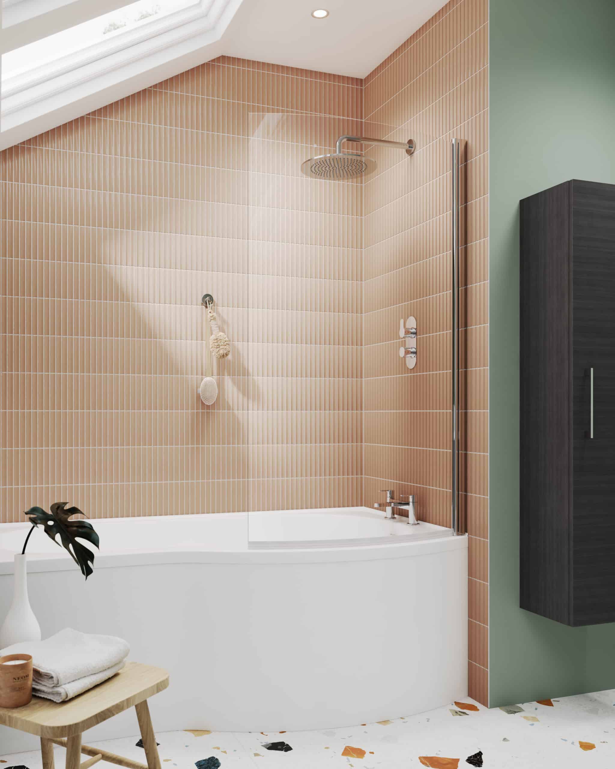 Contemporary bathroom with beige tiled shower area, bathtub, sleek fixtures, and modern storage cabinet, featuring natural light from skylight and elegant design.