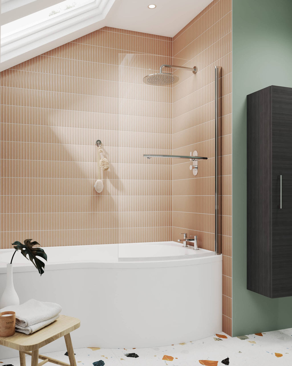 Bright modern bathroom with a walk-in shower, peach wall tiles, and a black storage cabinet, creating a stylish and functional space for relaxation and self-care.