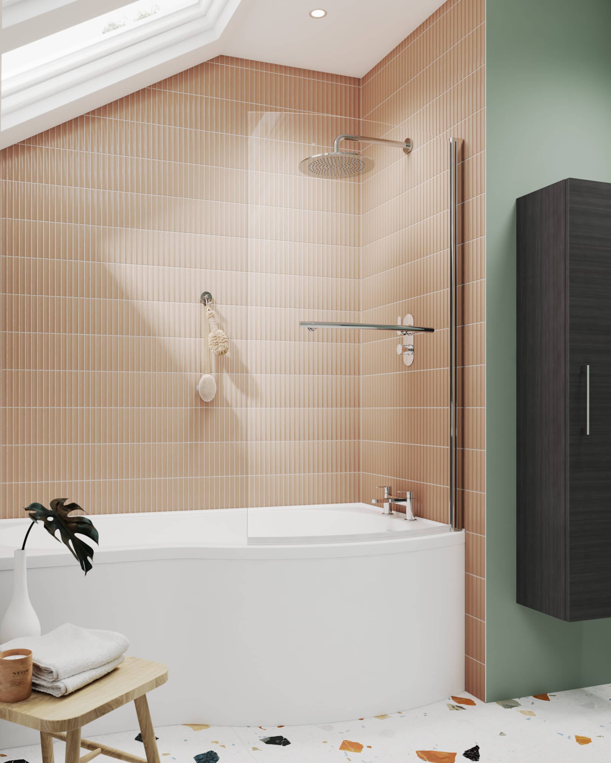 Bright modern bathroom with a walk-in shower, peach wall tiles, and a black storage cabinet, creating a stylish and functional space for relaxation and self-care.