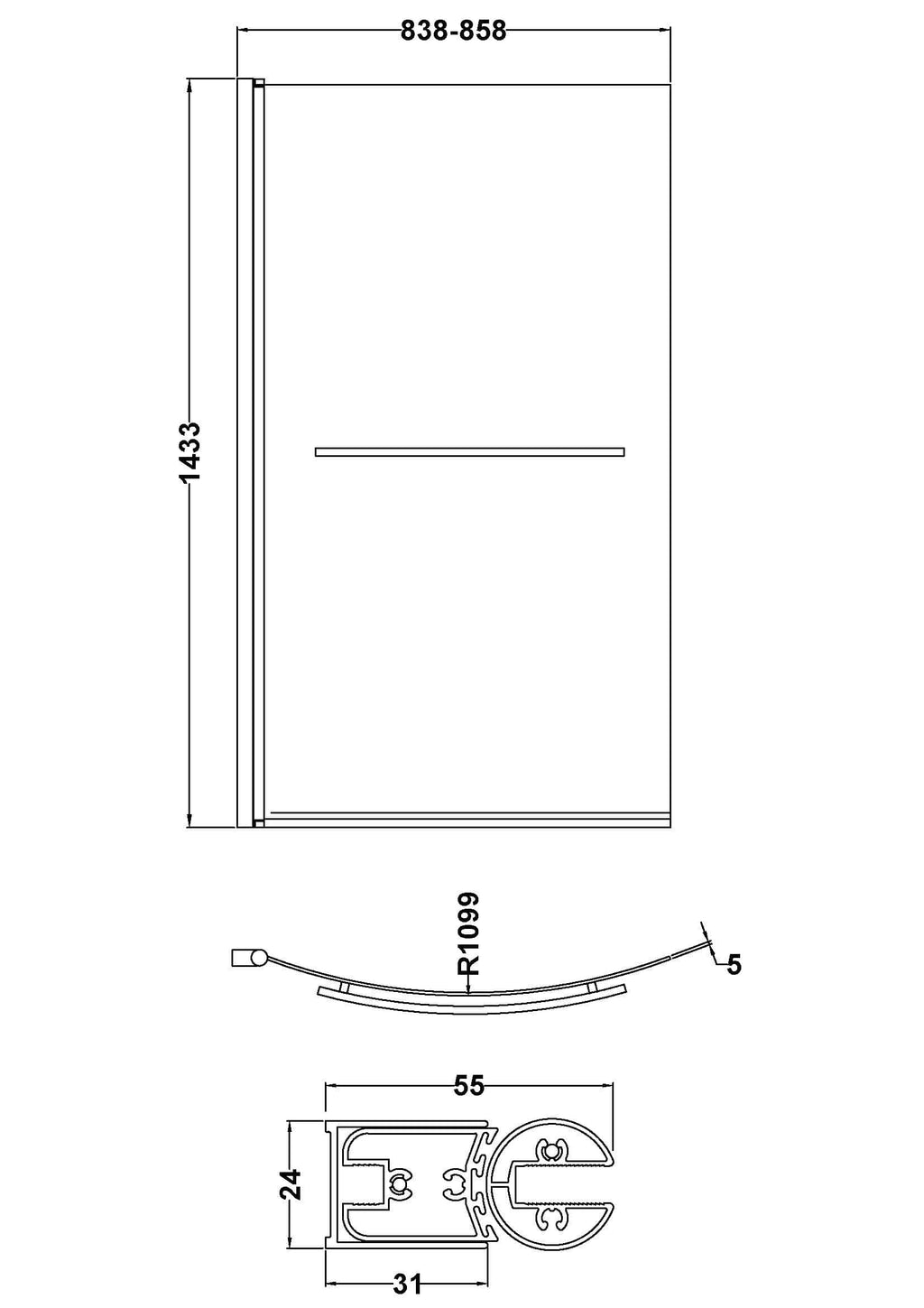 Sleek modern shower enclosure with precise measurements for stylish bathroom renovation.