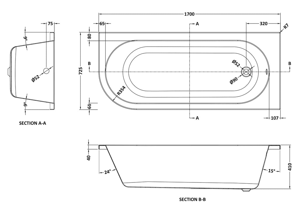 Modern bathtub technical drawing with detailed dimensions, including side, top, and sectional views, ideal for bathroom renovation and design projects.