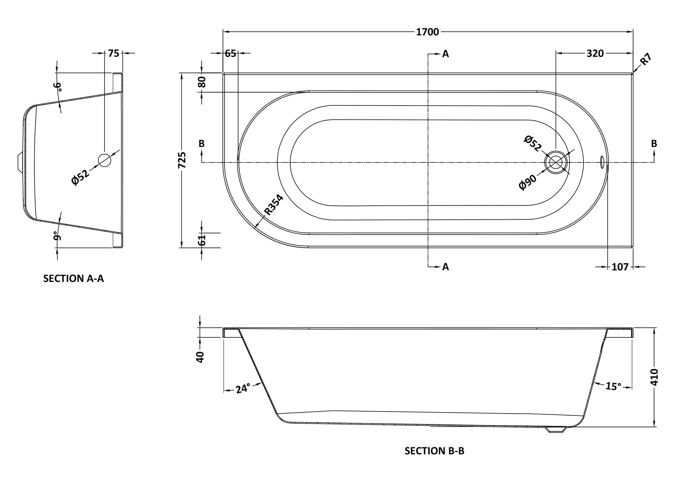 Modern bathtub technical drawing with detailed dimensions, including side, top, and sectional views, ideal for bathroom renovation and design projects.