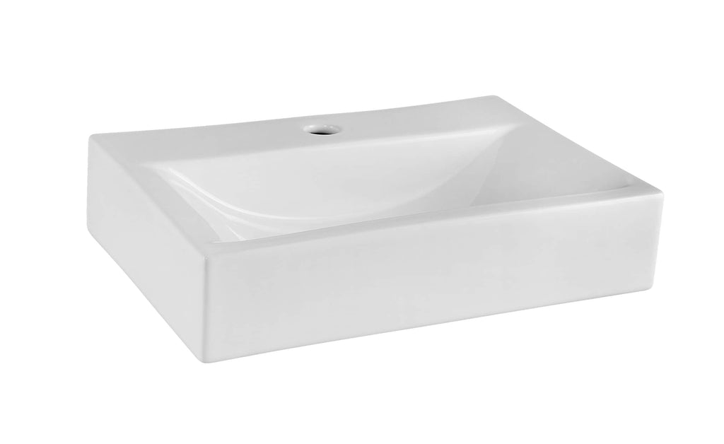 Modern white rectangular bathroom vanity sink with clean lines and smooth finish, ideal for contemporary bathroom designs, featuring an overflow hole for safety.